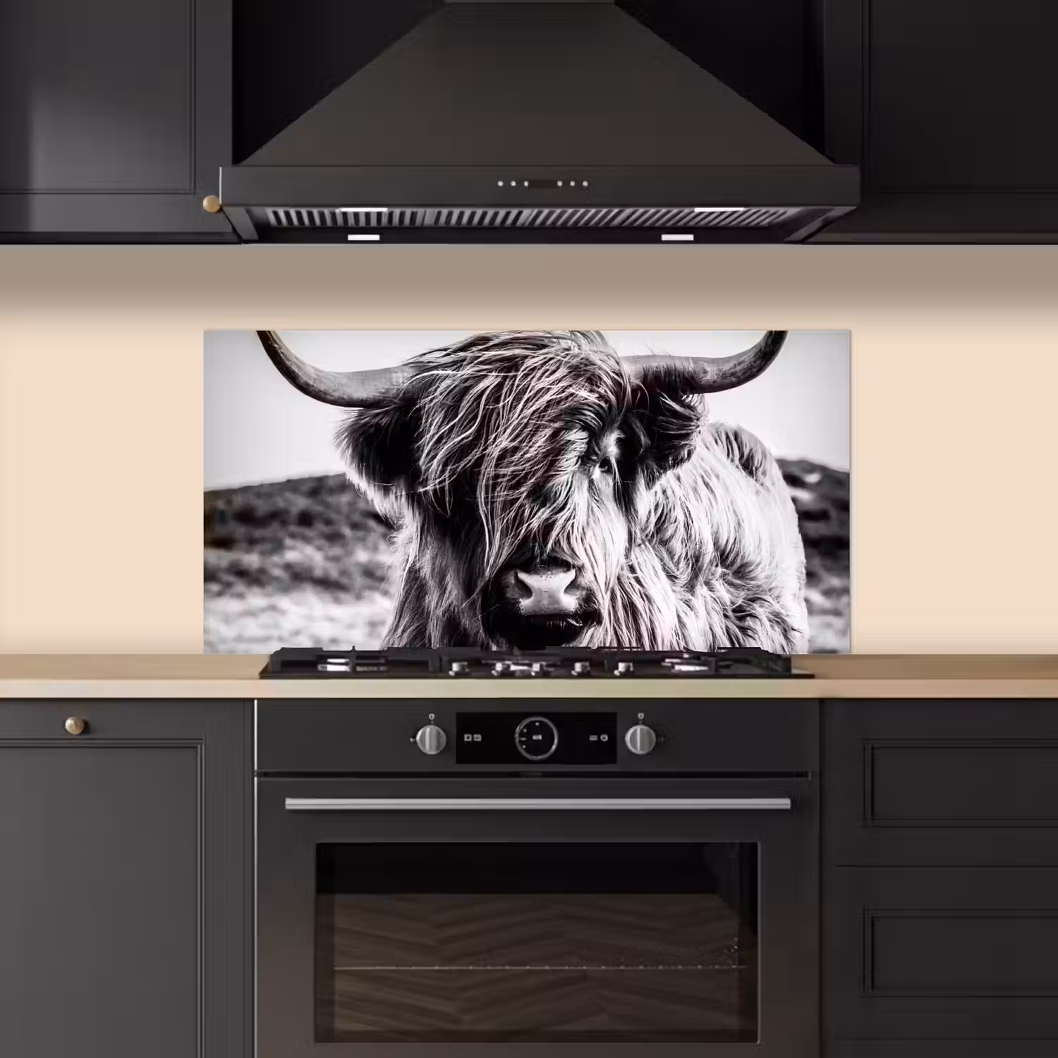 Schotse hooglander - Natuur - Koe - Zwart - Wit keuken achterwand spatscherm middel -sfeer1