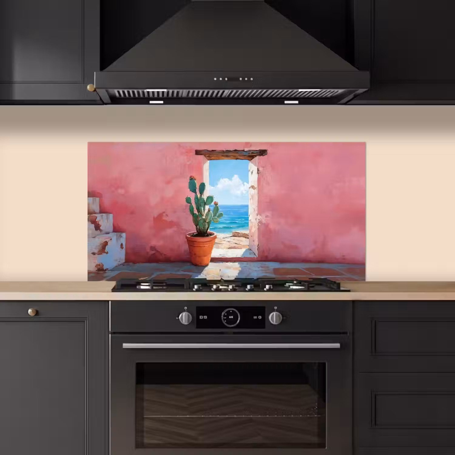 Zee - Roze - Cactus keuken achterwand spatscherm middel -sfeer1