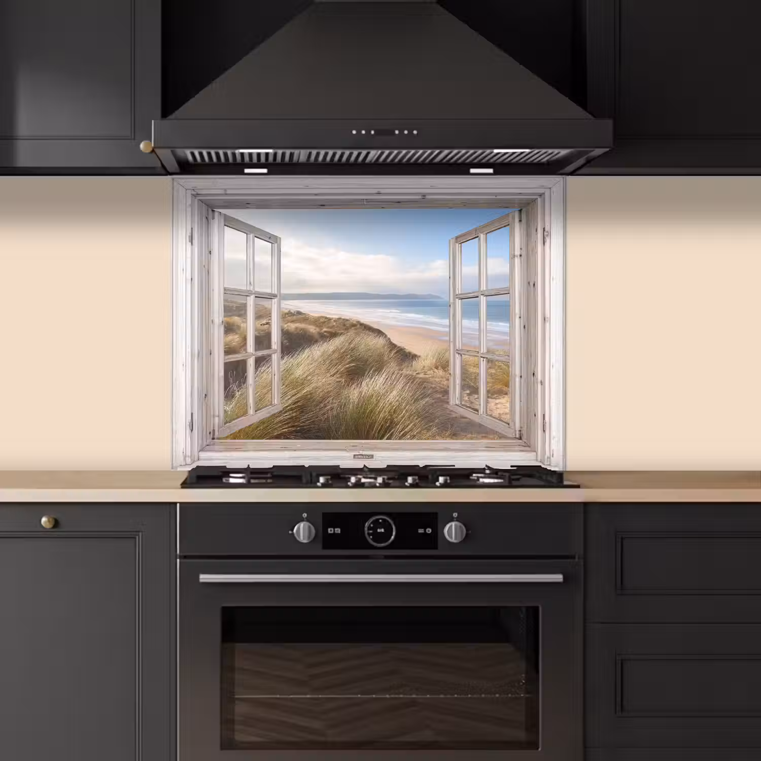 Doorkijk - Strand - Zee - Duinen - Helmgras - Zand - Blauw keuken achterwand spatscherm middel -sfeer1