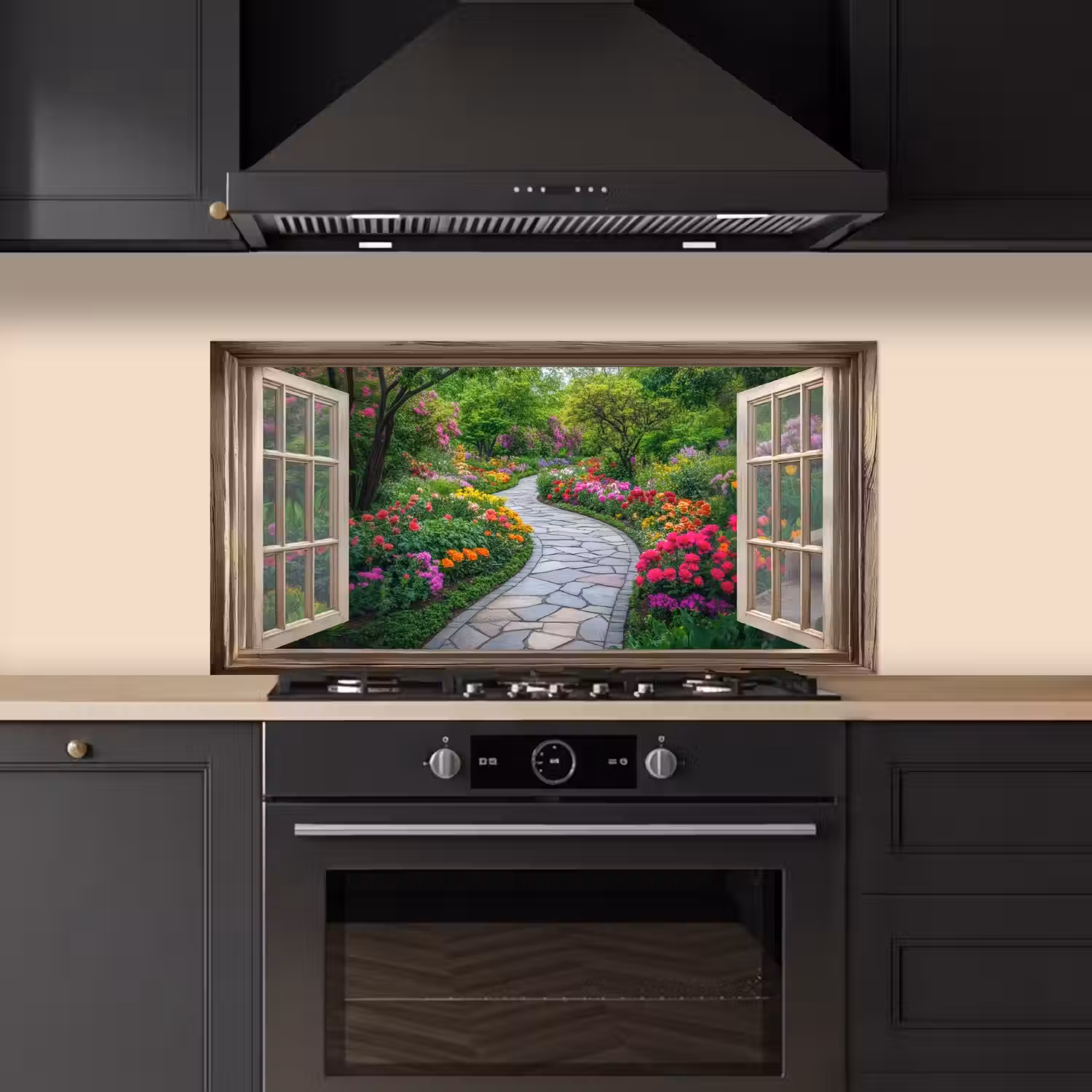 Doorkijk - Bloemen - Tuinpad - Natuur - Raam keuken achterwand spatscherm middel -sfeer1