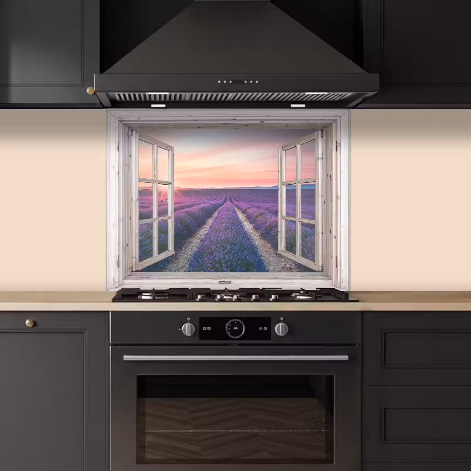 Doorkijk - Lavendel - Bloemen - Hout - Zonsondergang - Paars keuken achterwand spatscherm middel -sfeer1