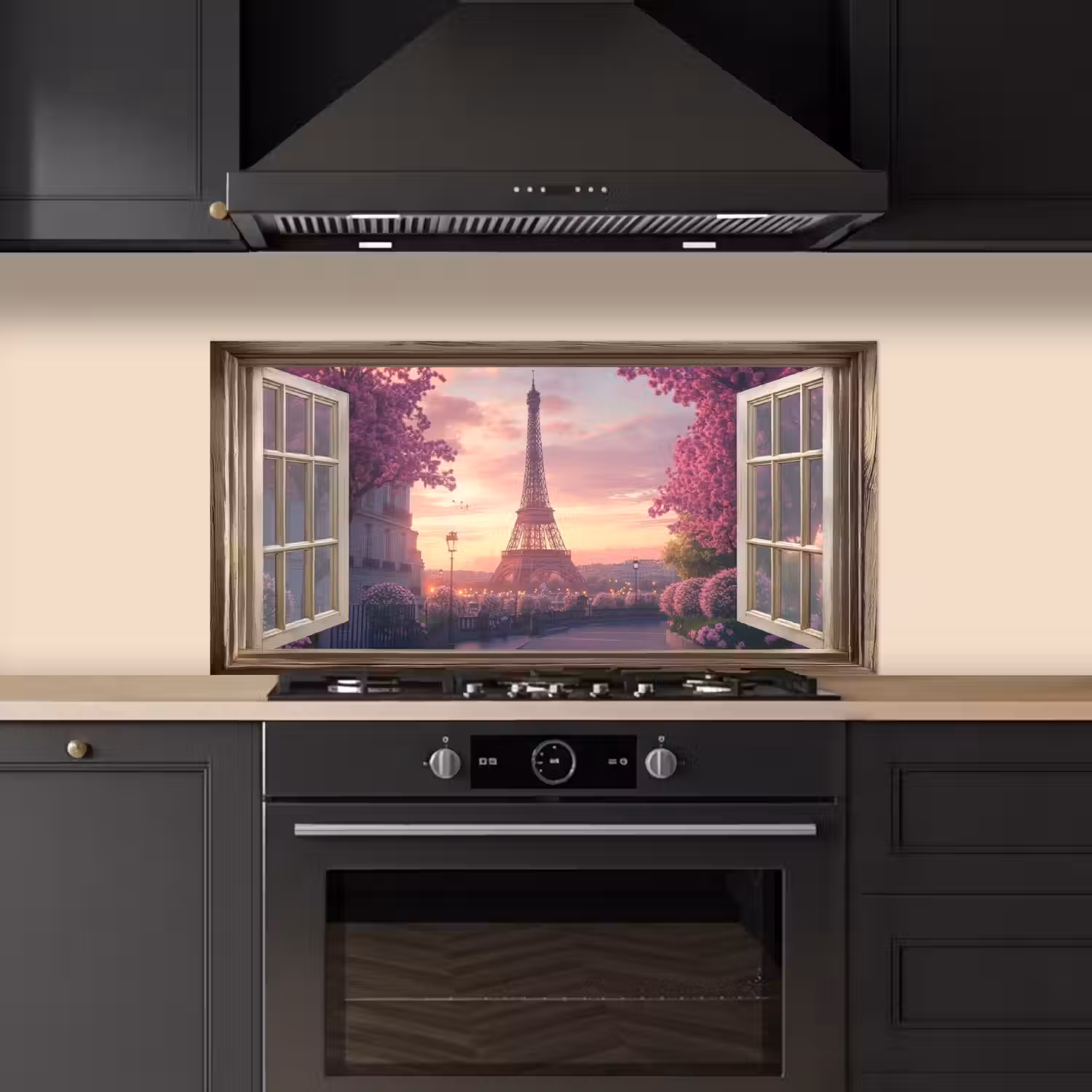 Doorkijk - Parijs - Eiffeltoren - Roze - Kersenbloesem keuken achterwand spatscherm middel -sfeer1