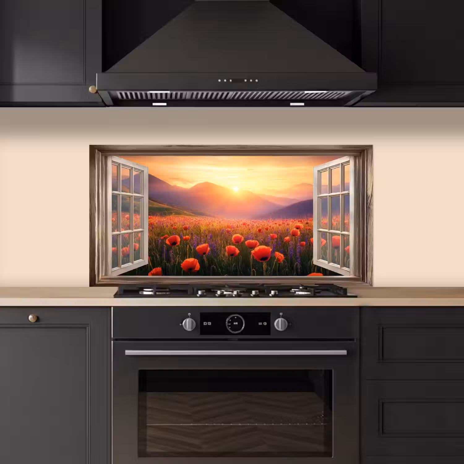 Doorkijk - Klaprozen - Bloemen - Rood - Open raam keuken achterwand spatscherm middel -sfeer1