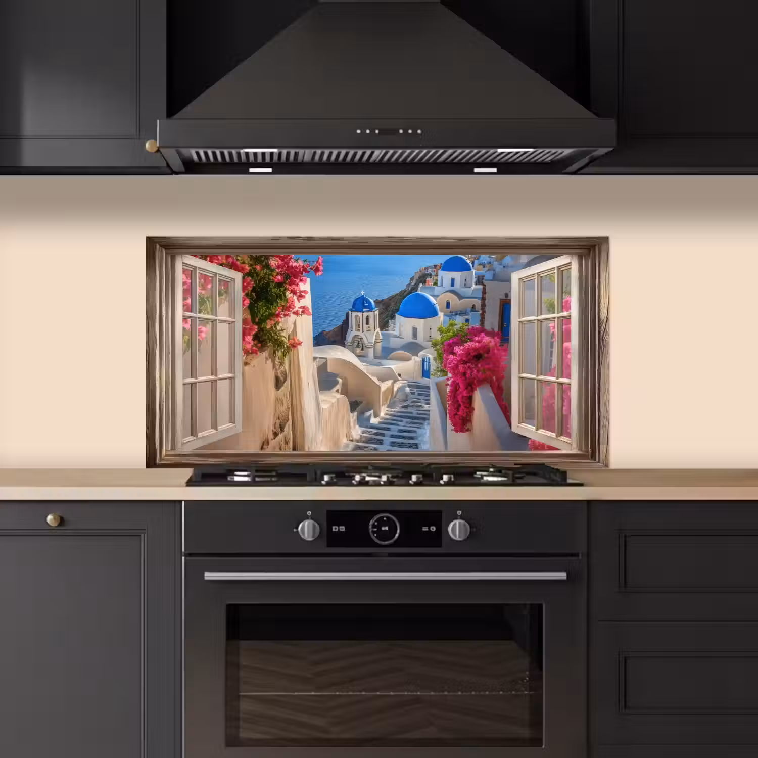 Doorkijk - Santorini - Landschap - Blauw - Grieks keuken achterwand spatscherm middel -sfeer1