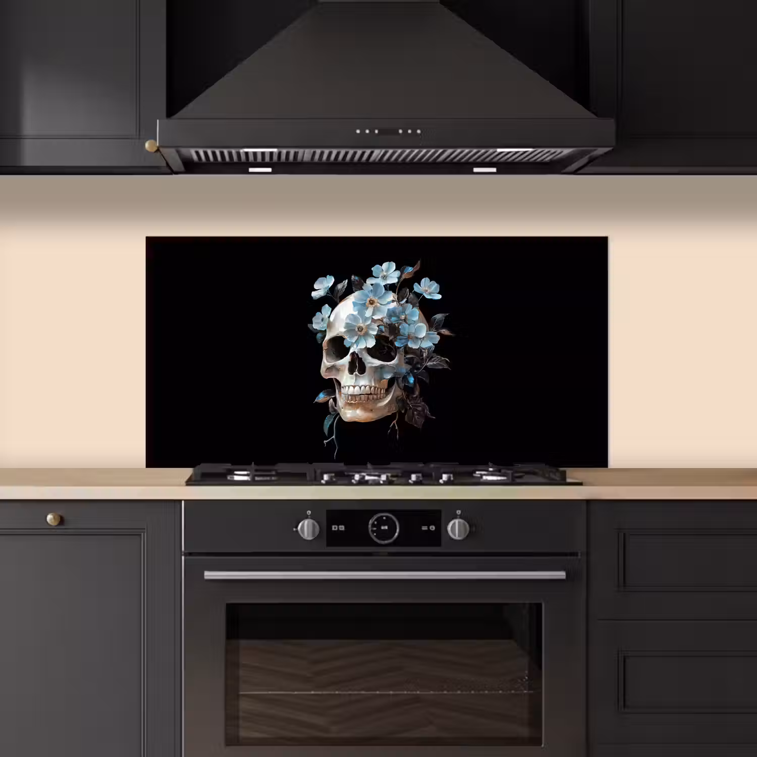 Schedel - Blauw - Bloemen - Bladeren keuken achterwand spatscherm middel -sfeer1
