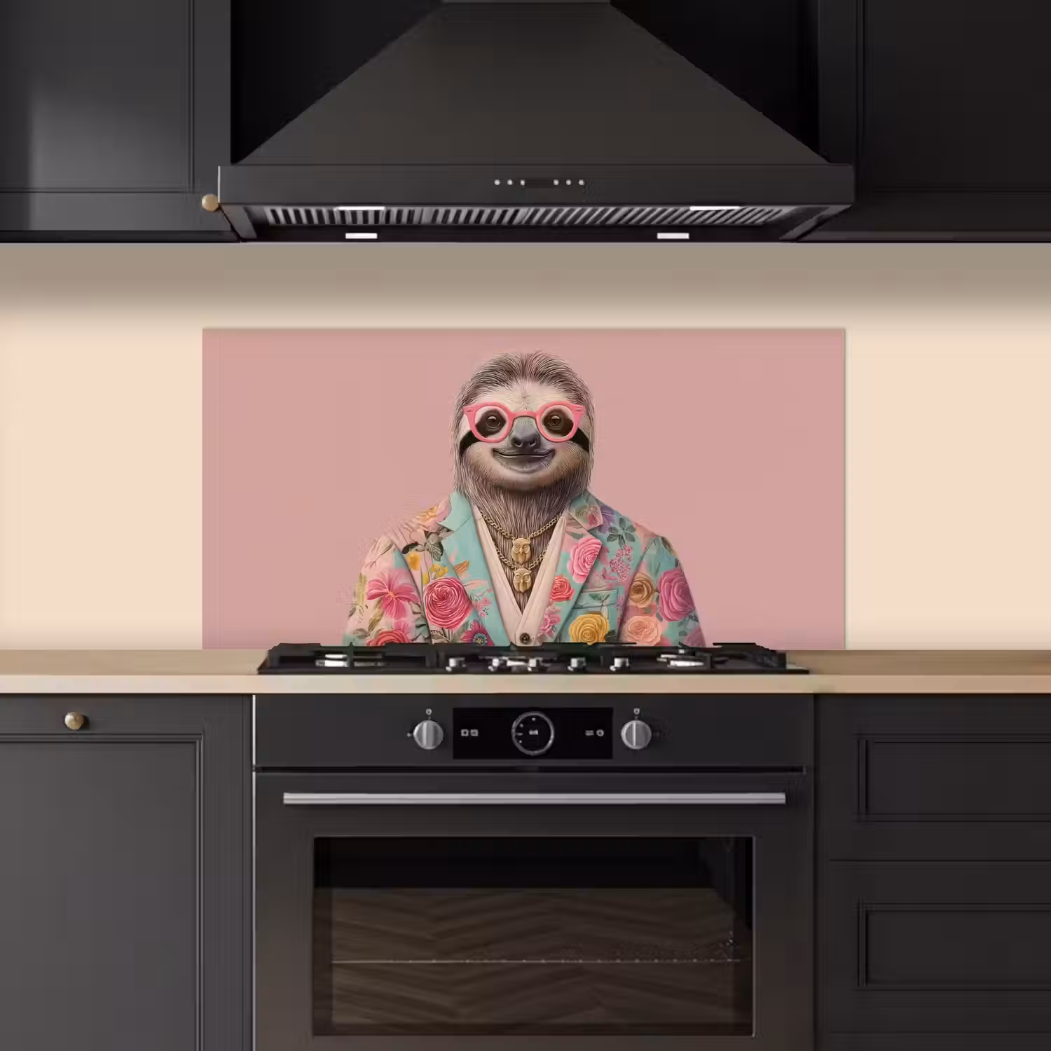 Luiaard - Bloemenprint - Bril - Roze keuken achterwand spatscherm middel -sfeer1