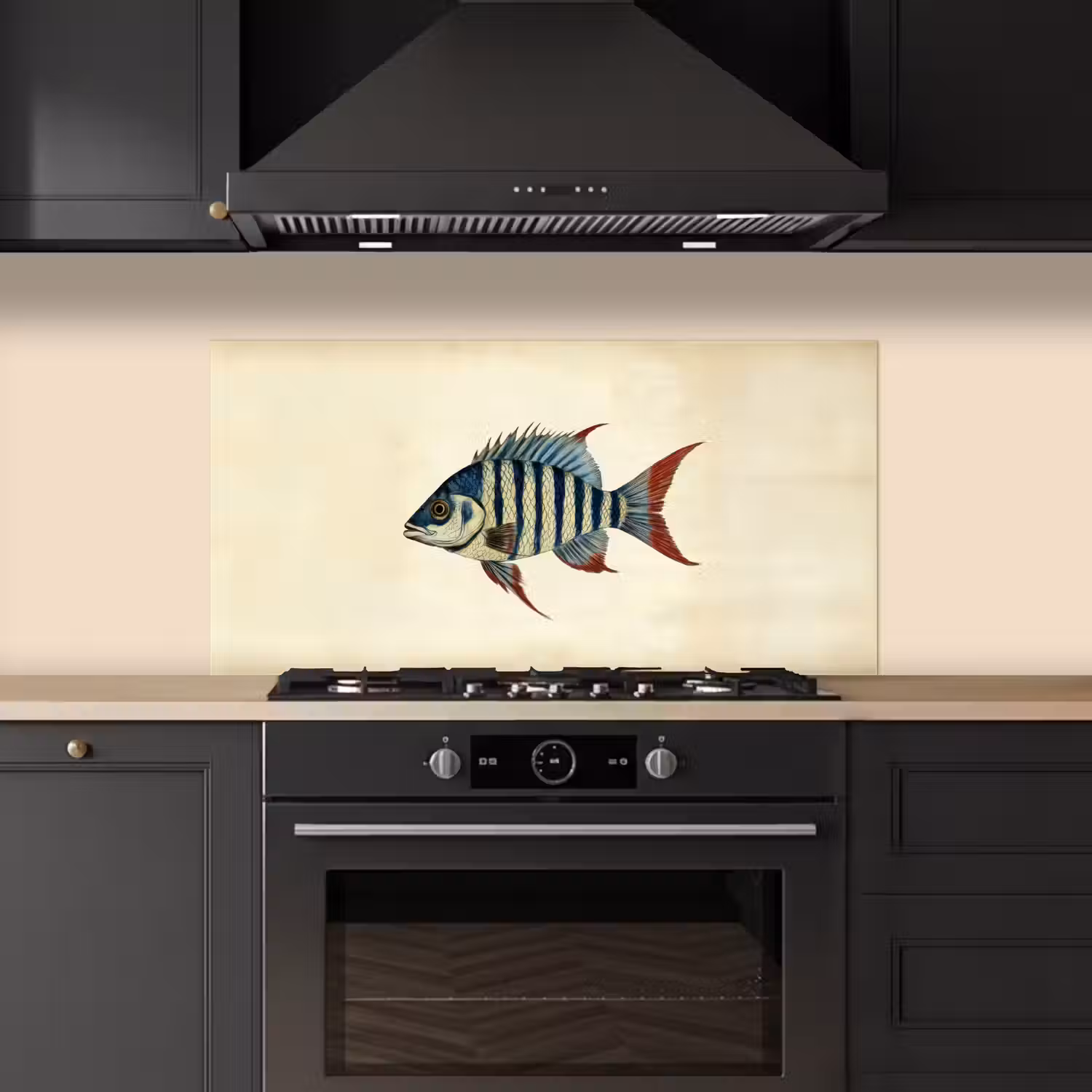 Gestreept - Donkerblauw - Rugvin - Vis keuken achterwand spatscherm middel -sfeer1