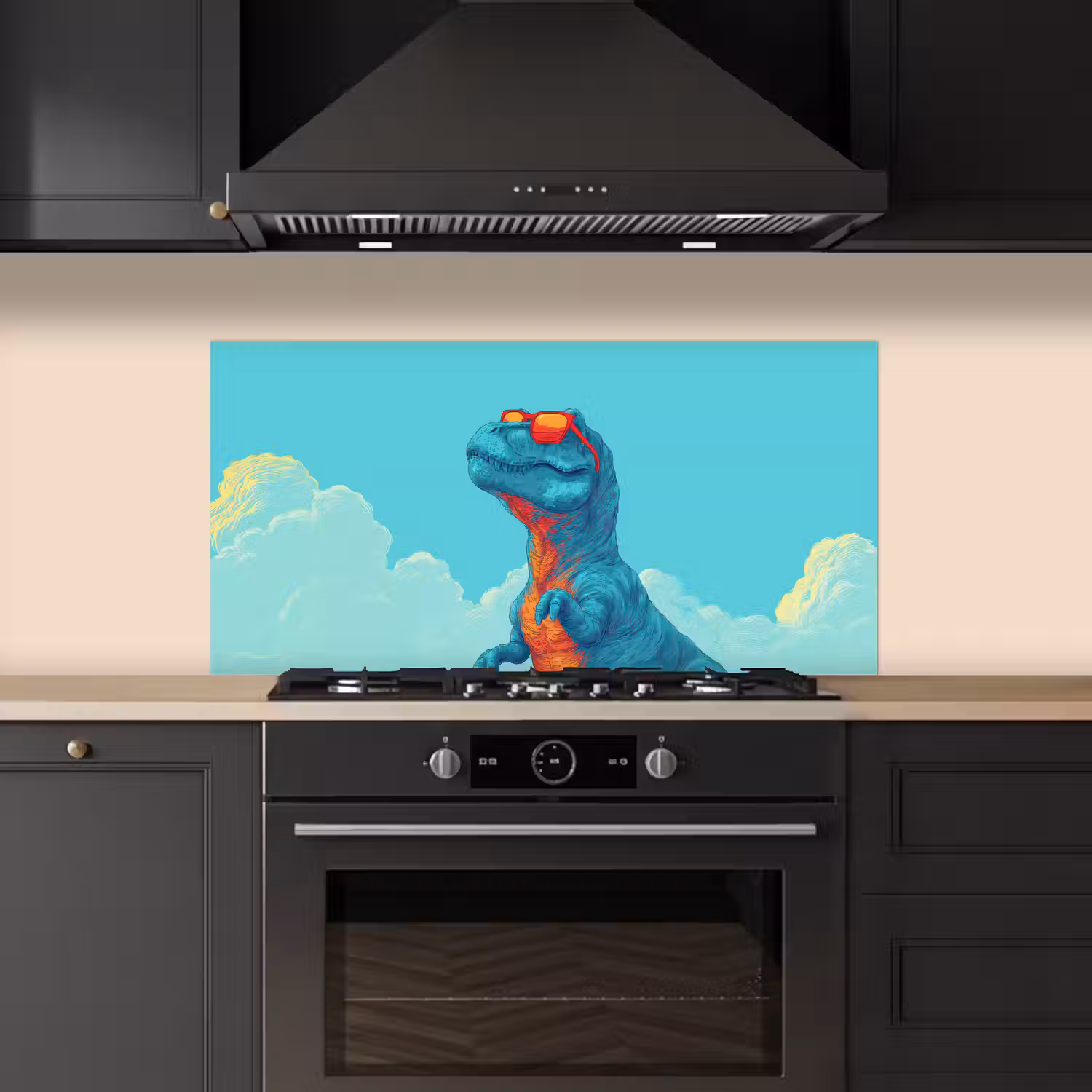 T-Rex - Blauw - Wolken - Zonnebril keuken achterwand spatscherm middel -sfeer1