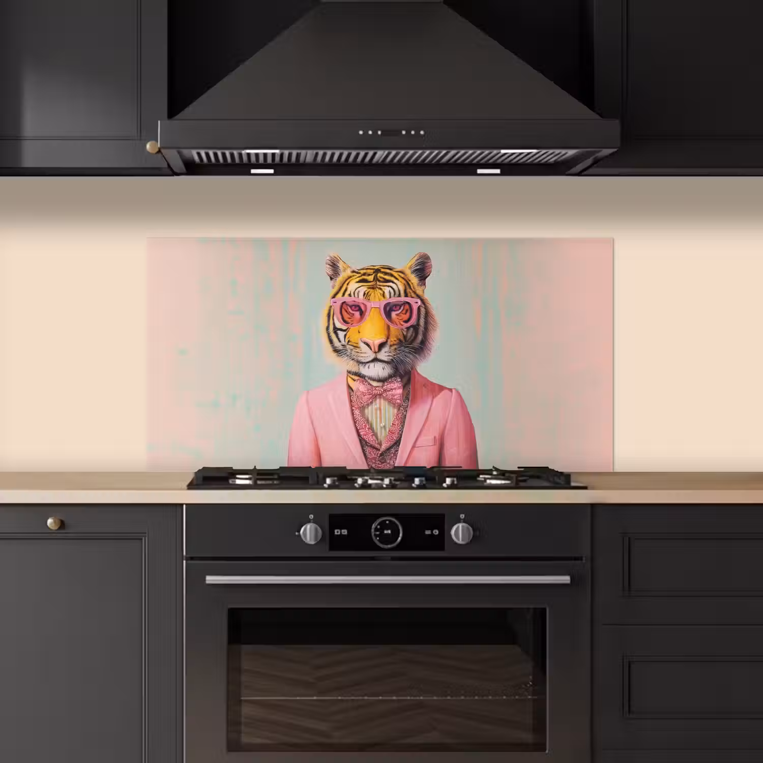 Tijger - Strik - Jasje - Roze keuken achterwand spatscherm middel -sfeer1