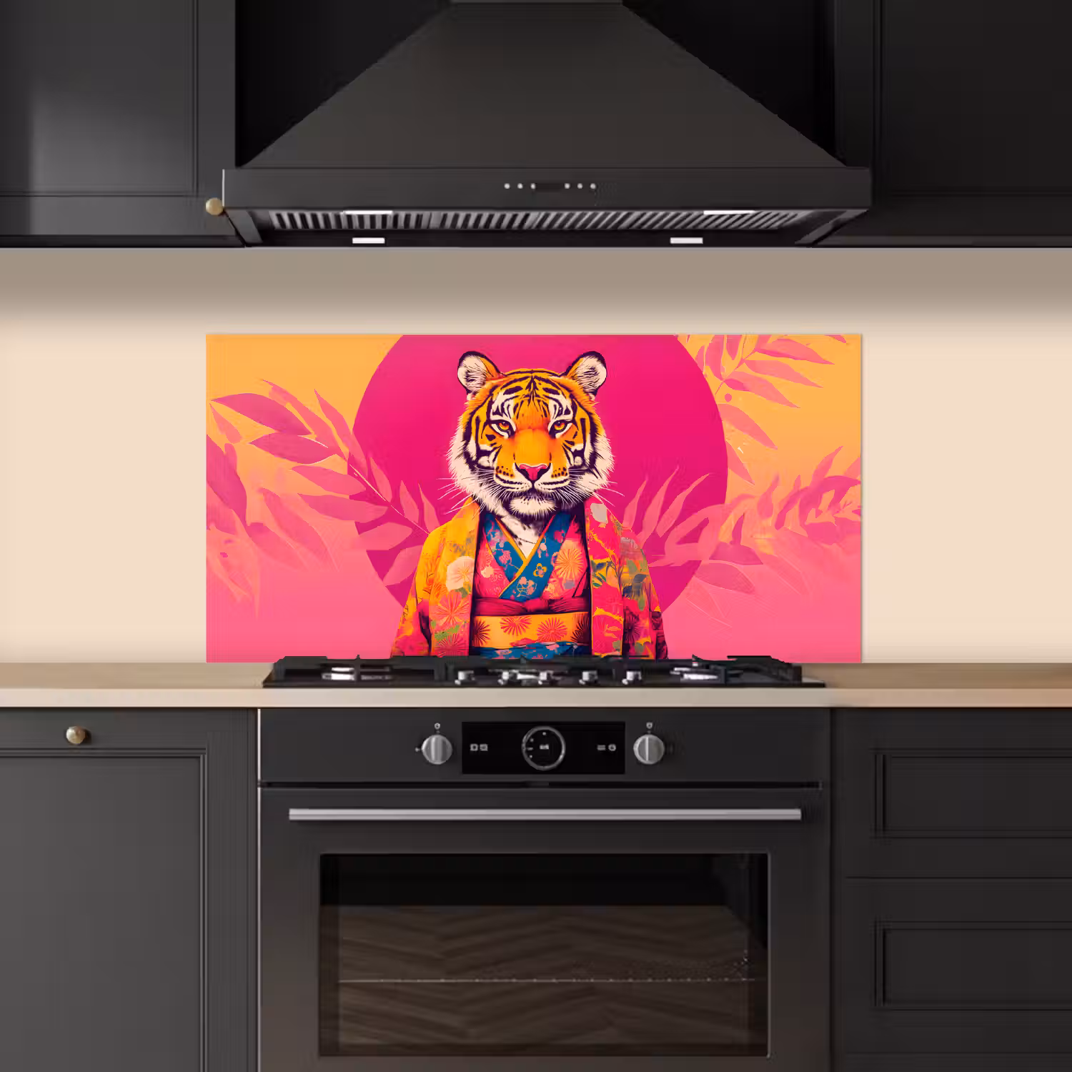 Tijger - Kimono - Planten - Roze keuken achterwand spatscherm middel -sfeer1