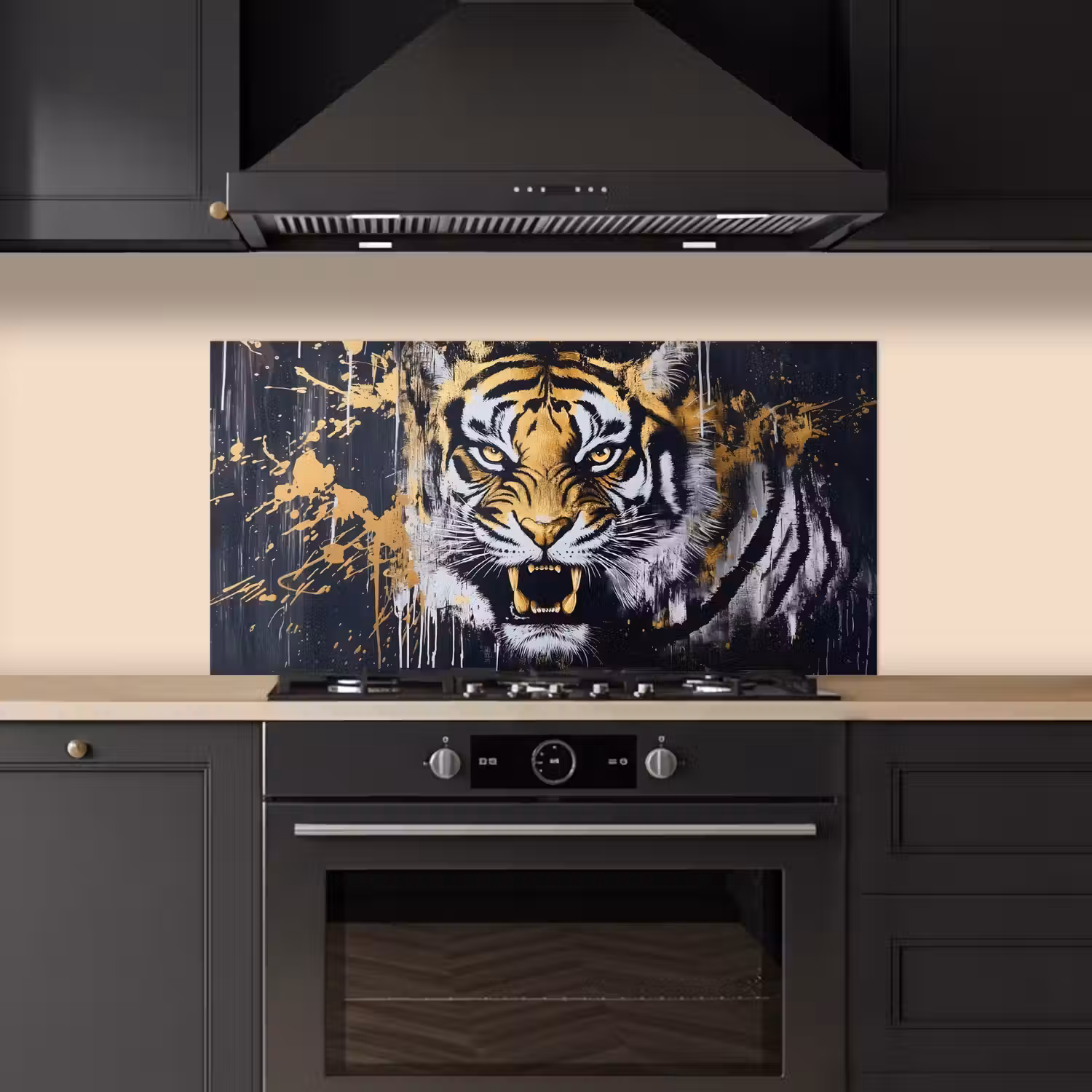 Tijger - Verfspatten - Goud keuken achterwand spatscherm middel -sfeer1