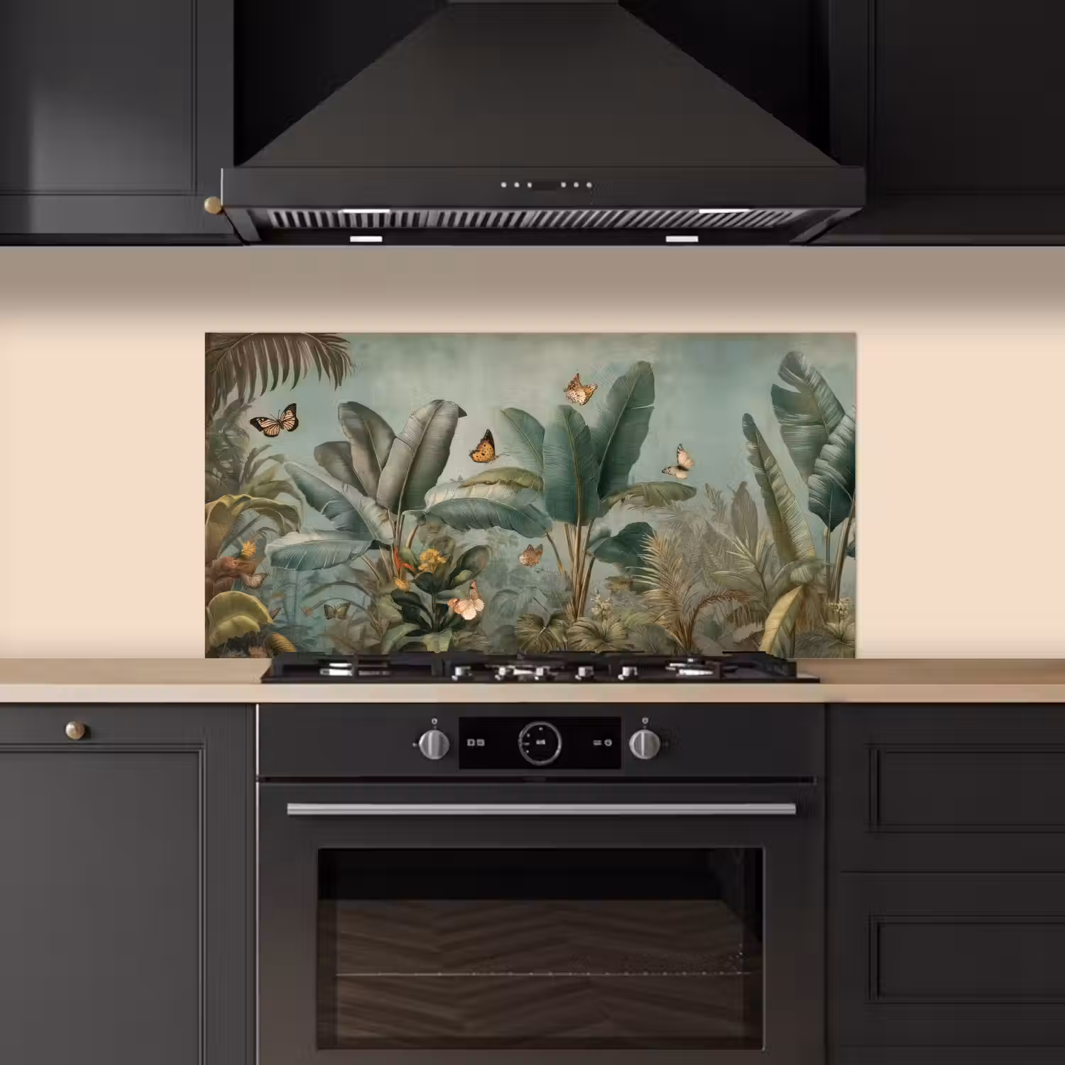 Tropisch bladerdek - Vlinders - groen - Bruin keuken achterwand spatscherm middel -sfeer1