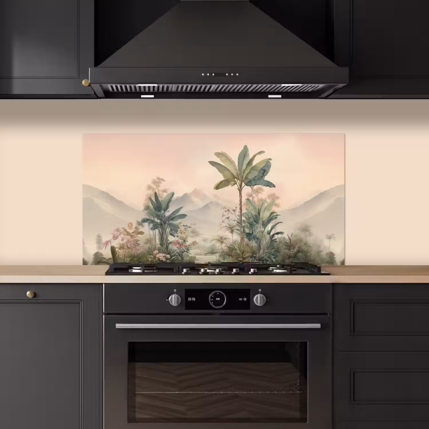 Tropisch landschap - palmbomen - Bloemen - Roze lucht keuken achterwand spatscherm middel -sfeer1