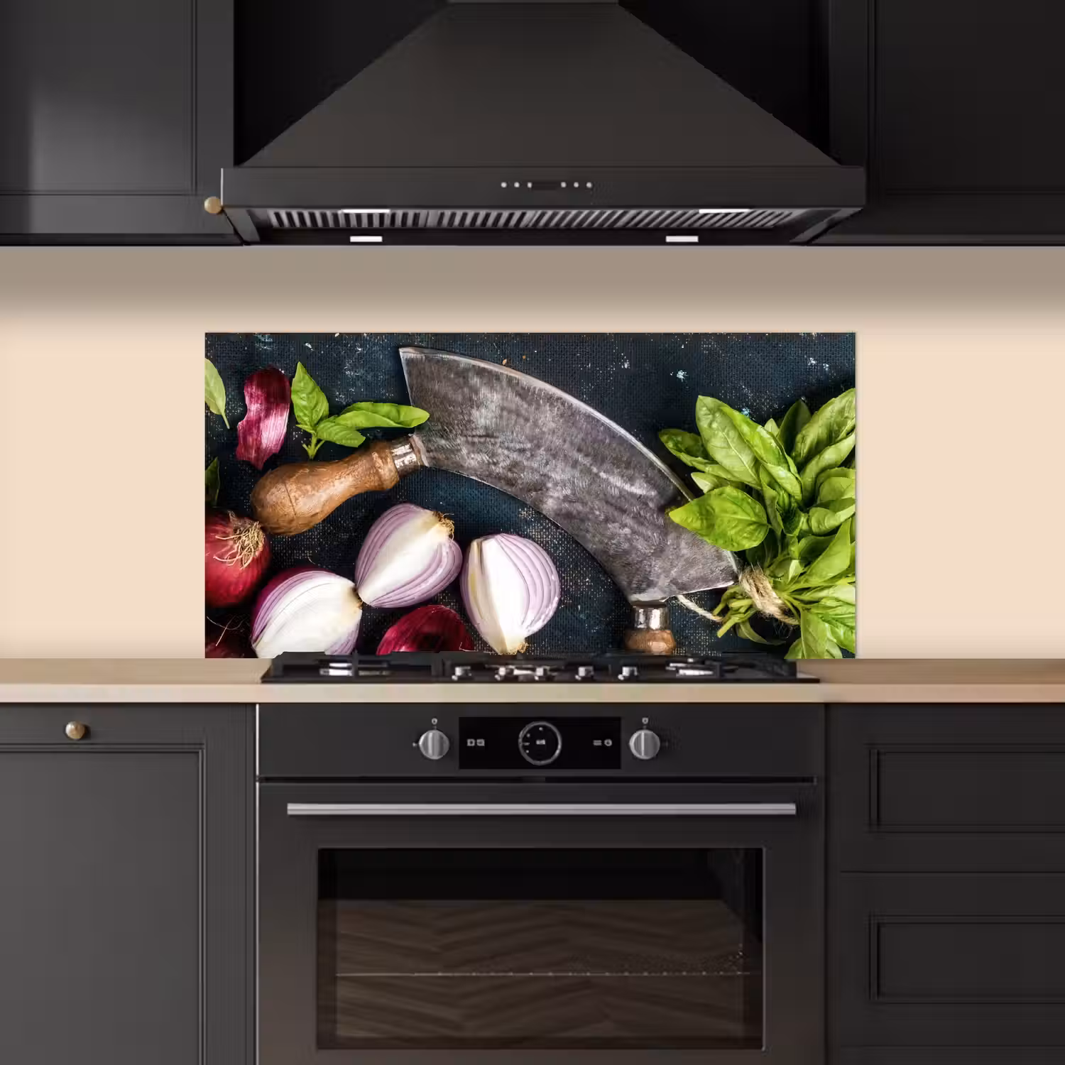 Groente - Kruiden - Wiegemes - Ui - Specerijen - Rustiek keuken achterwand spatscherm middel -sfeer1