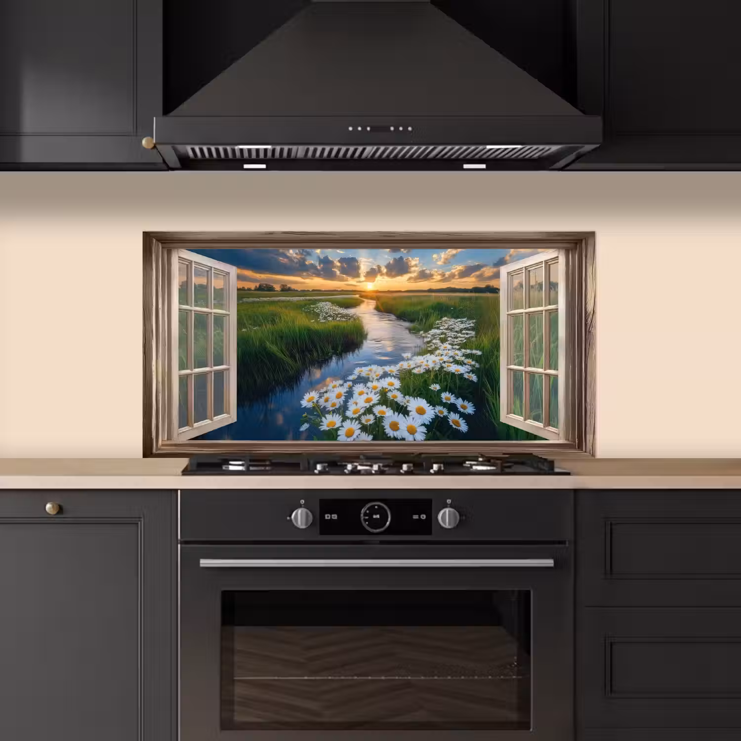 Doorkijk - Landschap - Raam - Water - Zonsondergang keuken achterwand spatscherm middel -sfeer1