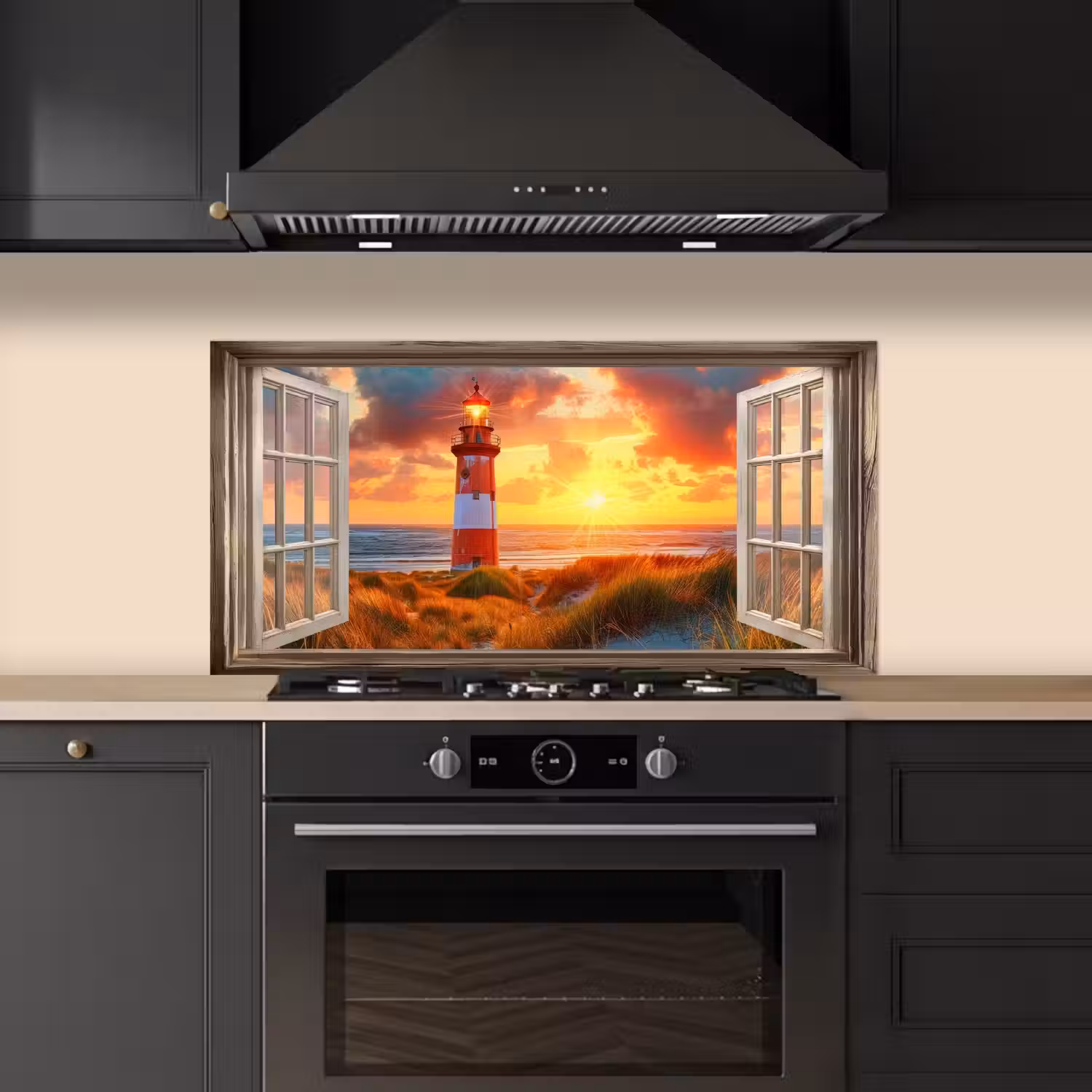 Doorkijk - Raam - Vuurtoren - Zonsondergang - Strand keuken achterwand spatscherm middel -sfeer1