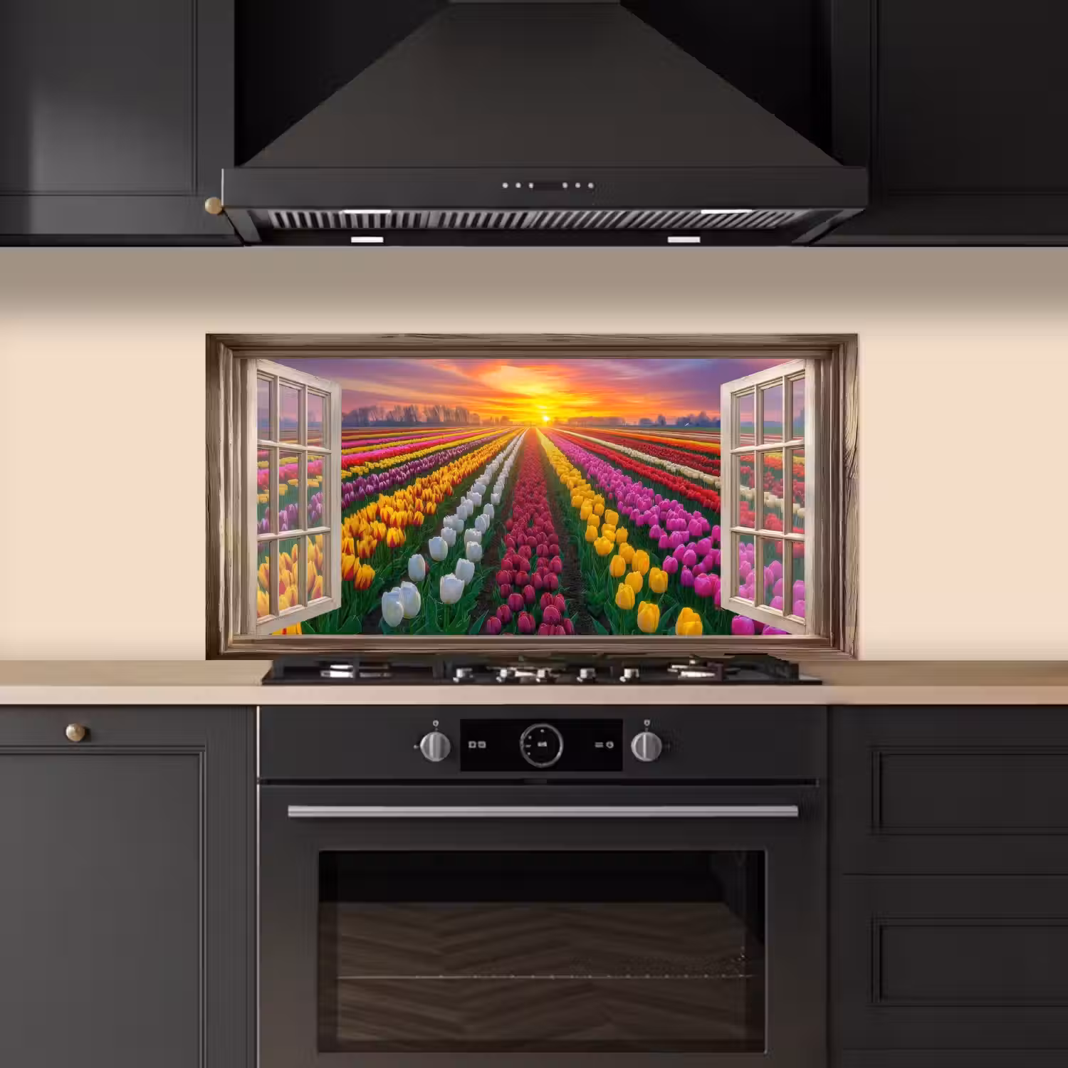 Doorkijk - Bloemen - Tulpen - Kleurrijk - Zonsondergang keuken achterwand spatscherm middel -sfeer1