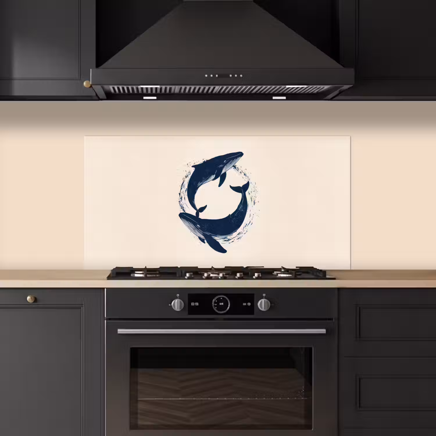 Walvissen - Spetters - Cirkel - Donkerblauw keuken achterwand spatscherm middel -sfeer1