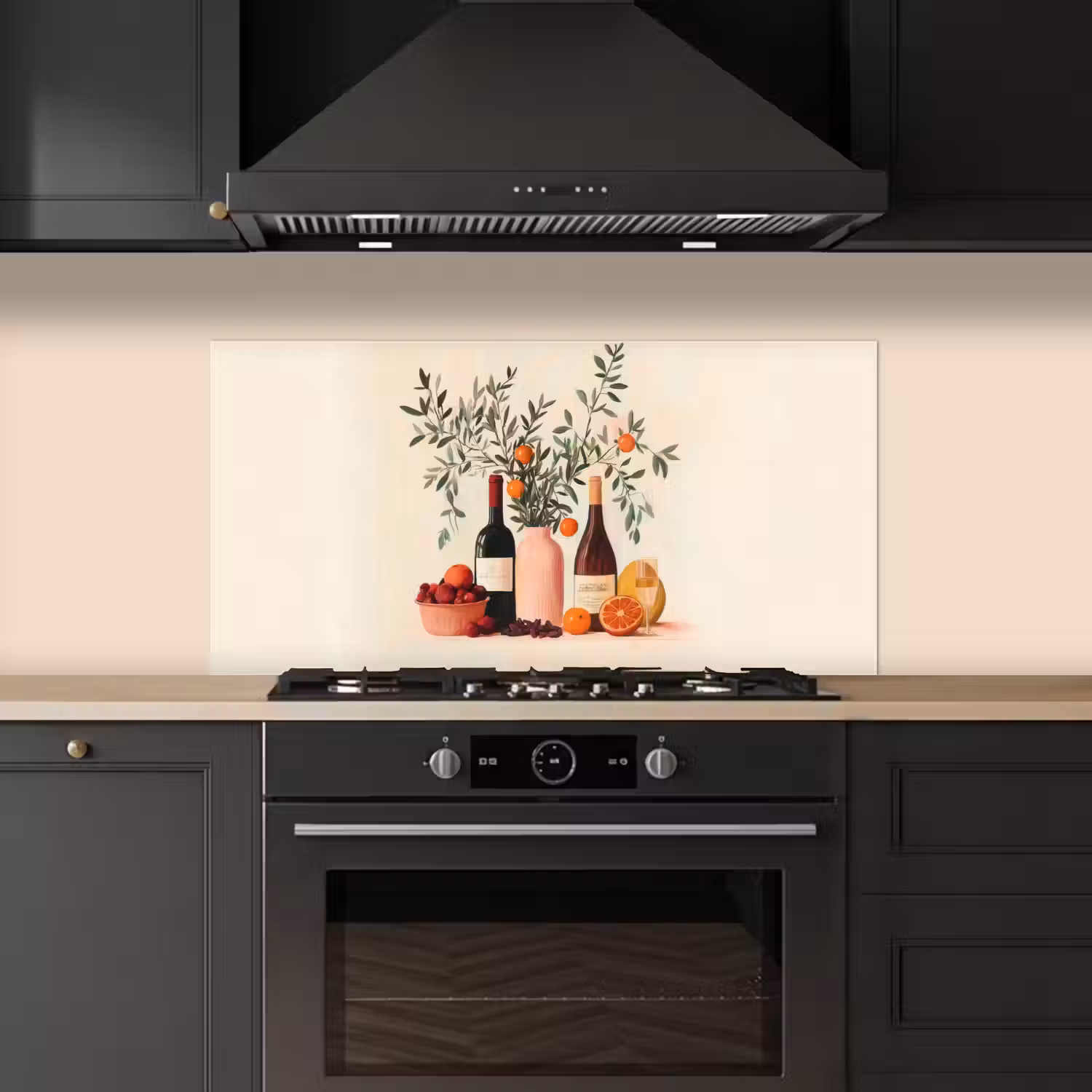 Wijnflessen - Takken - Sinaasappels keuken achterwand spatscherm middel -sfeer1