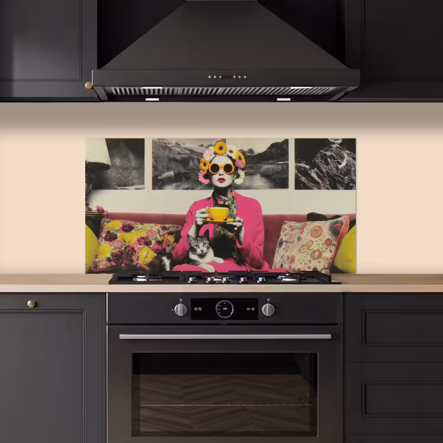 Vrouw - Kat - Bloemen - Kopje - Retro keuken achterwand spatscherm middel -sfeer1