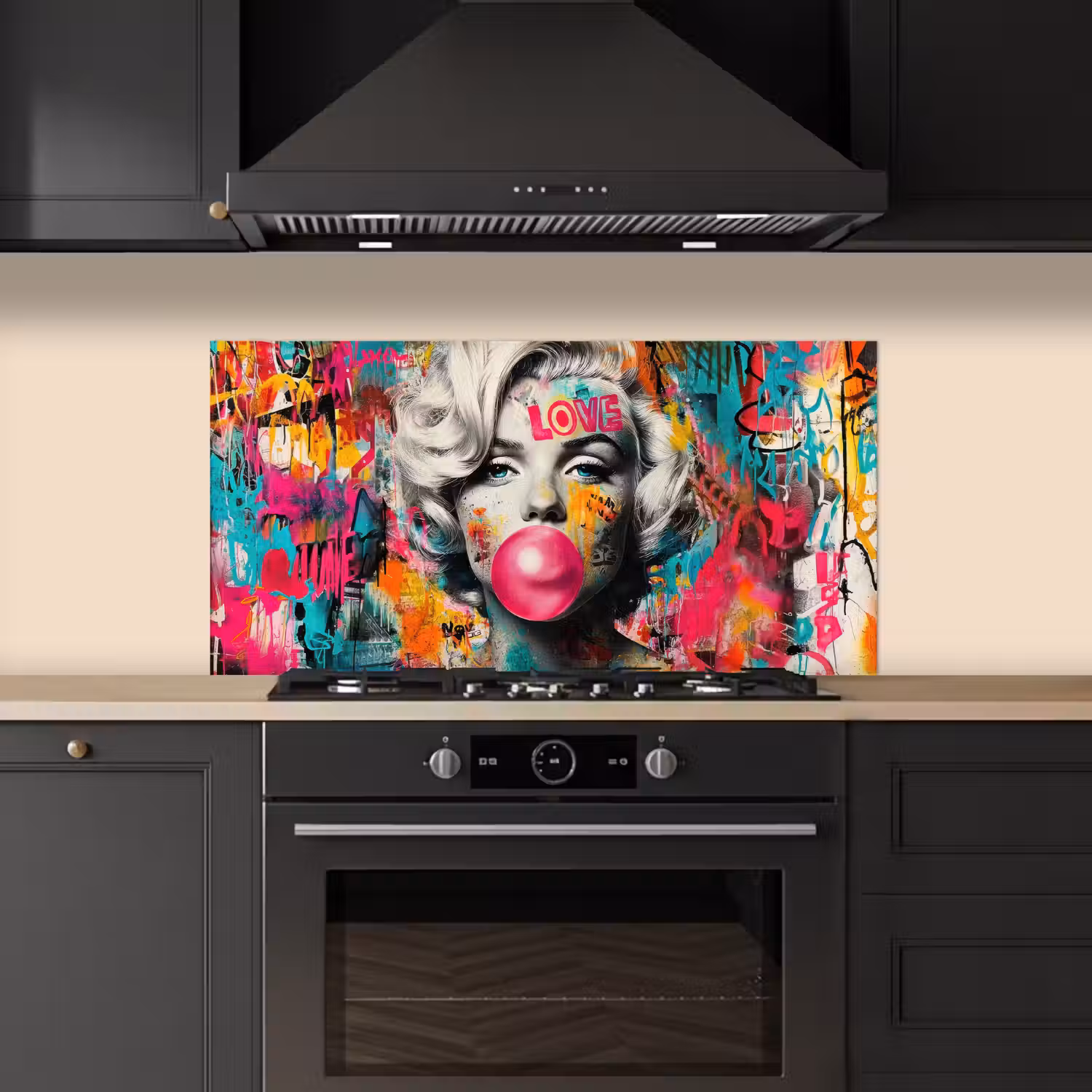 Vrouw - Kauwgom - Graffiti - Neonkleuren keuken achterwand spatscherm middel -sfeer1