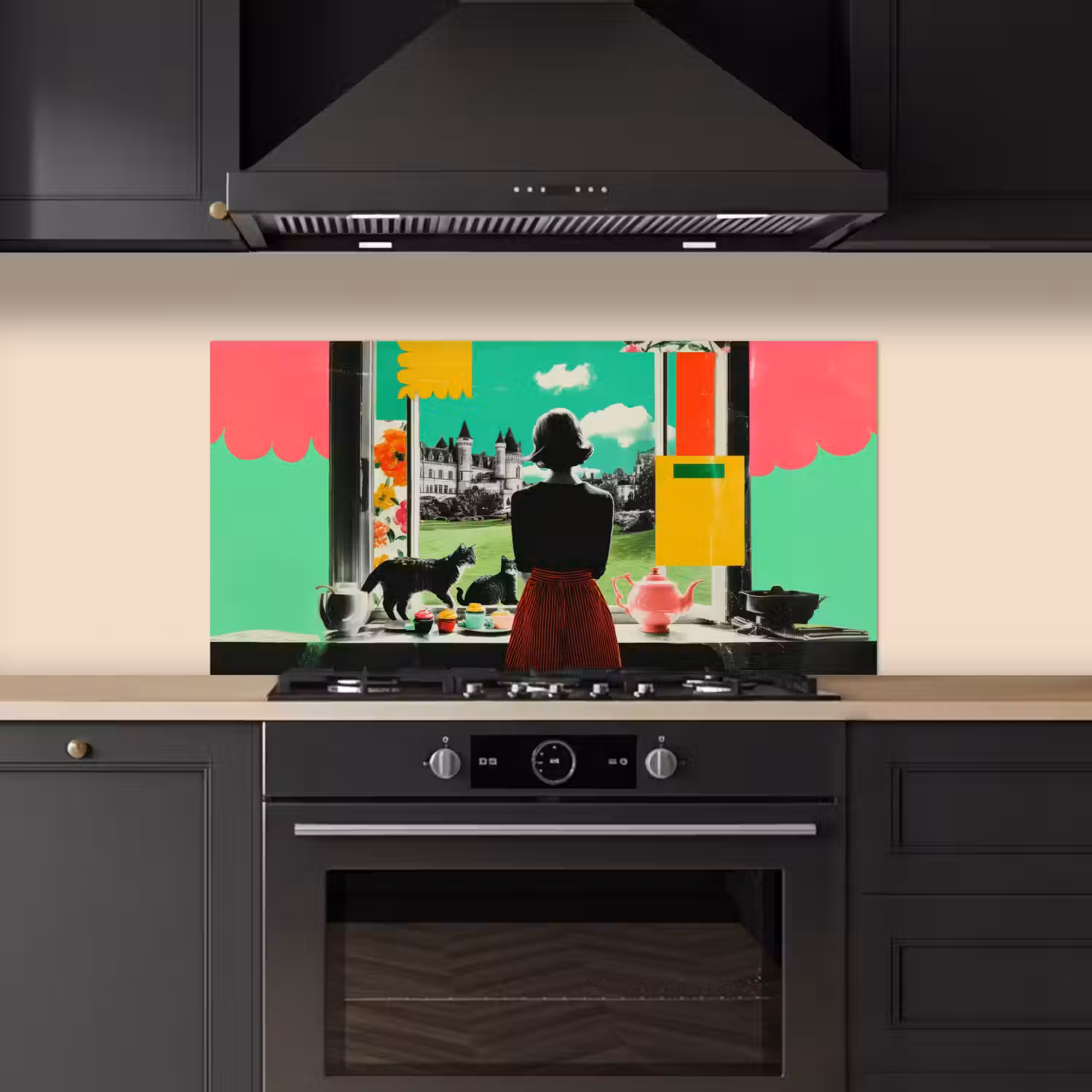 Vrouw - Keuken - Katten - Doorkijk keuken achterwand spatscherm middel -sfeer1