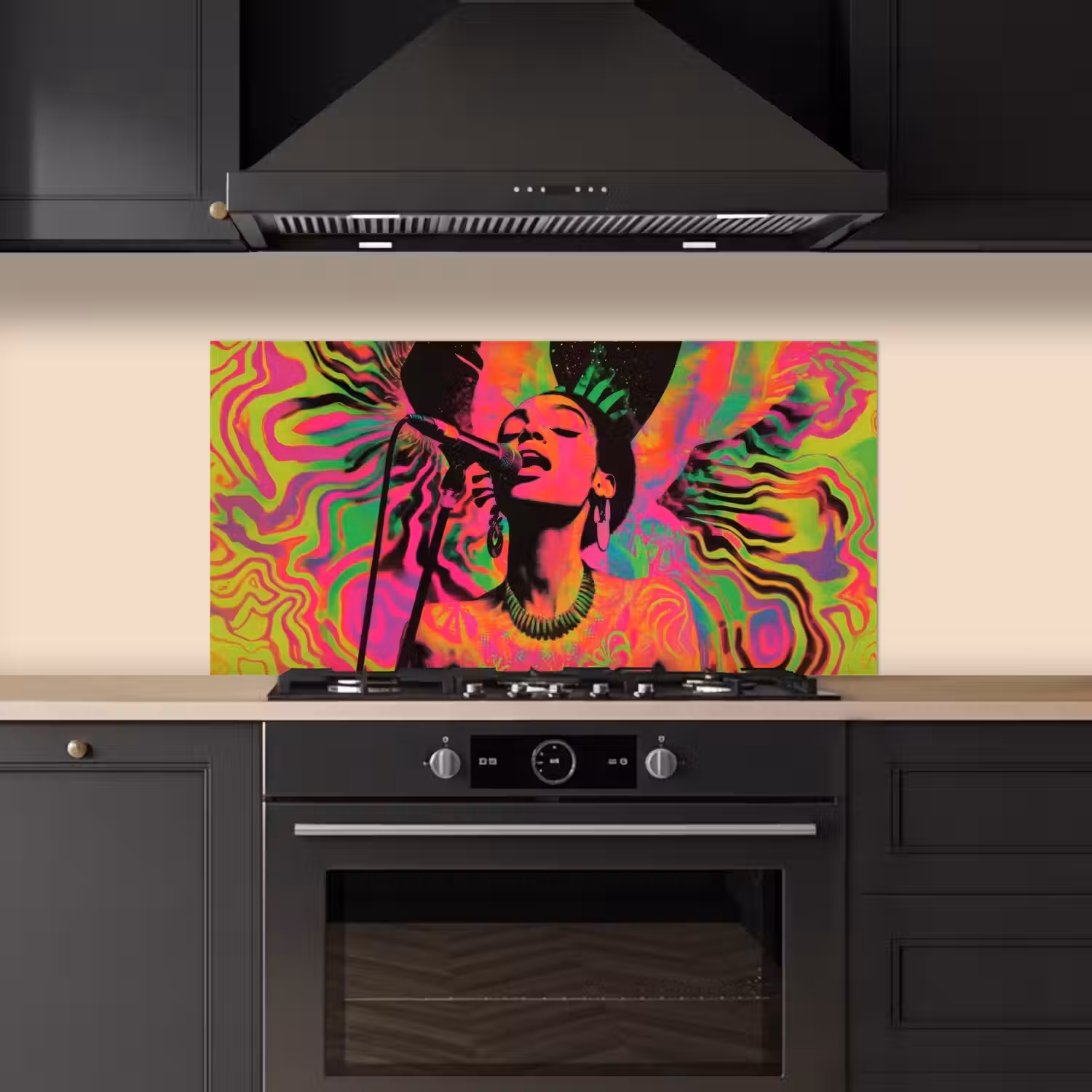Vrouw - Microfoon - Neon keuken achterwand spatscherm middel -sfeer1