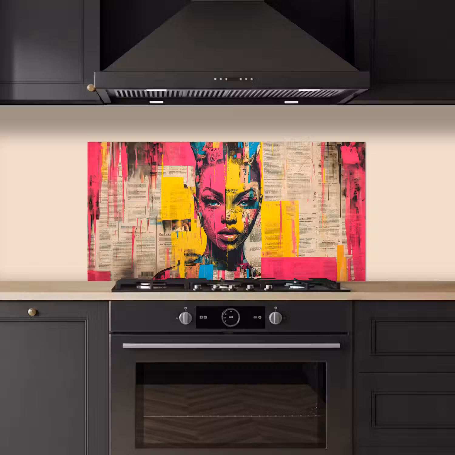 Vrouwengezicht - Krantenpapier - Abstract - Roze keuken achterwand spatscherm middel -sfeer1