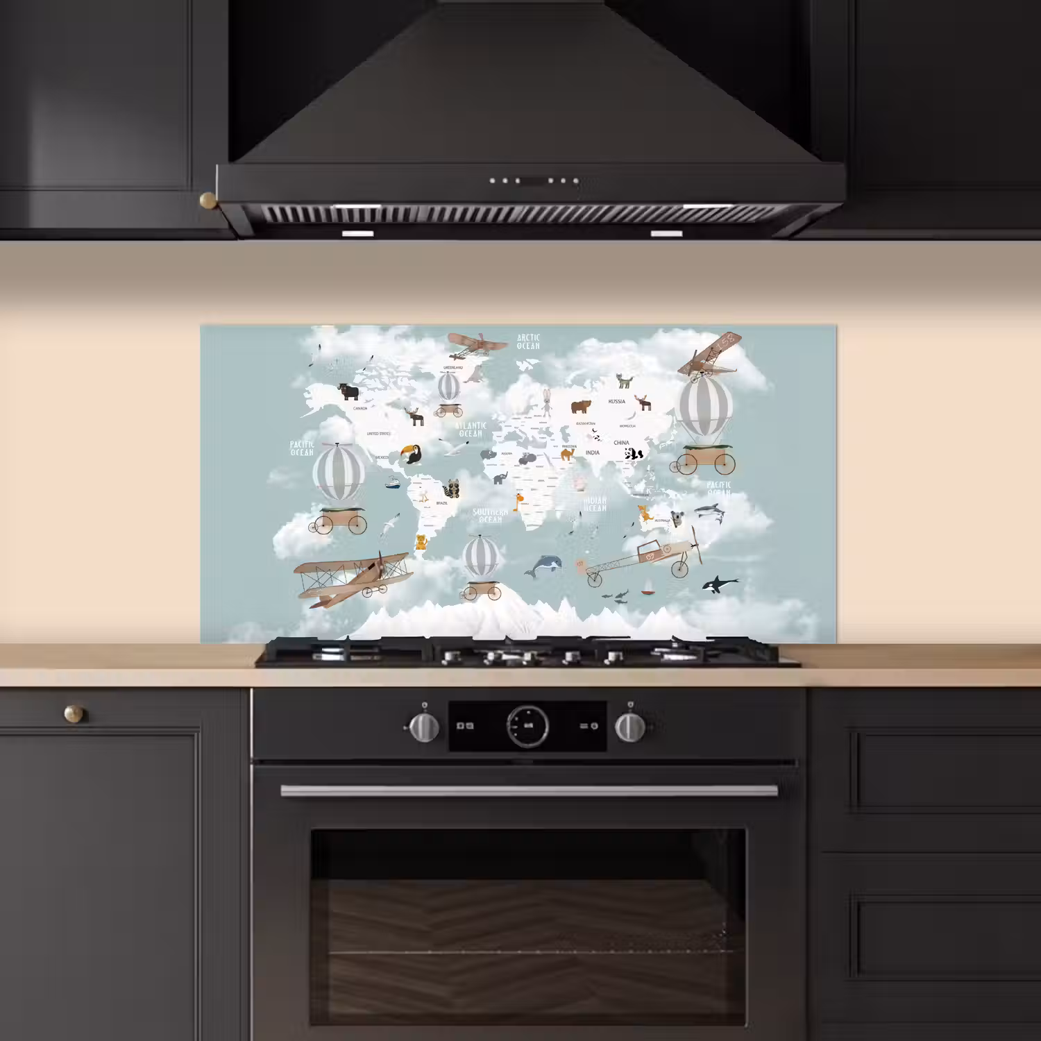Wereldkaart - Kind - Vliegtuig keuken achterwand spatscherm middel -sfeer1