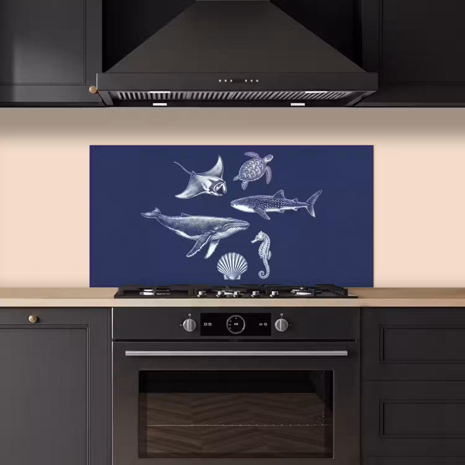Dieren - Zeeleven - Oceaan - Graveren - Blauw keuken achterwand spatscherm middel -sfeer1