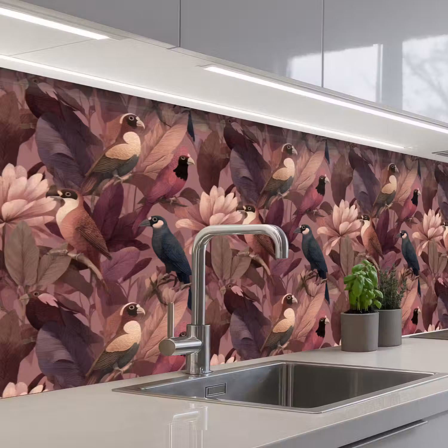 Vogels - Bladeren - Roze keuken achterwand 2 groot 857 -3d_schuin