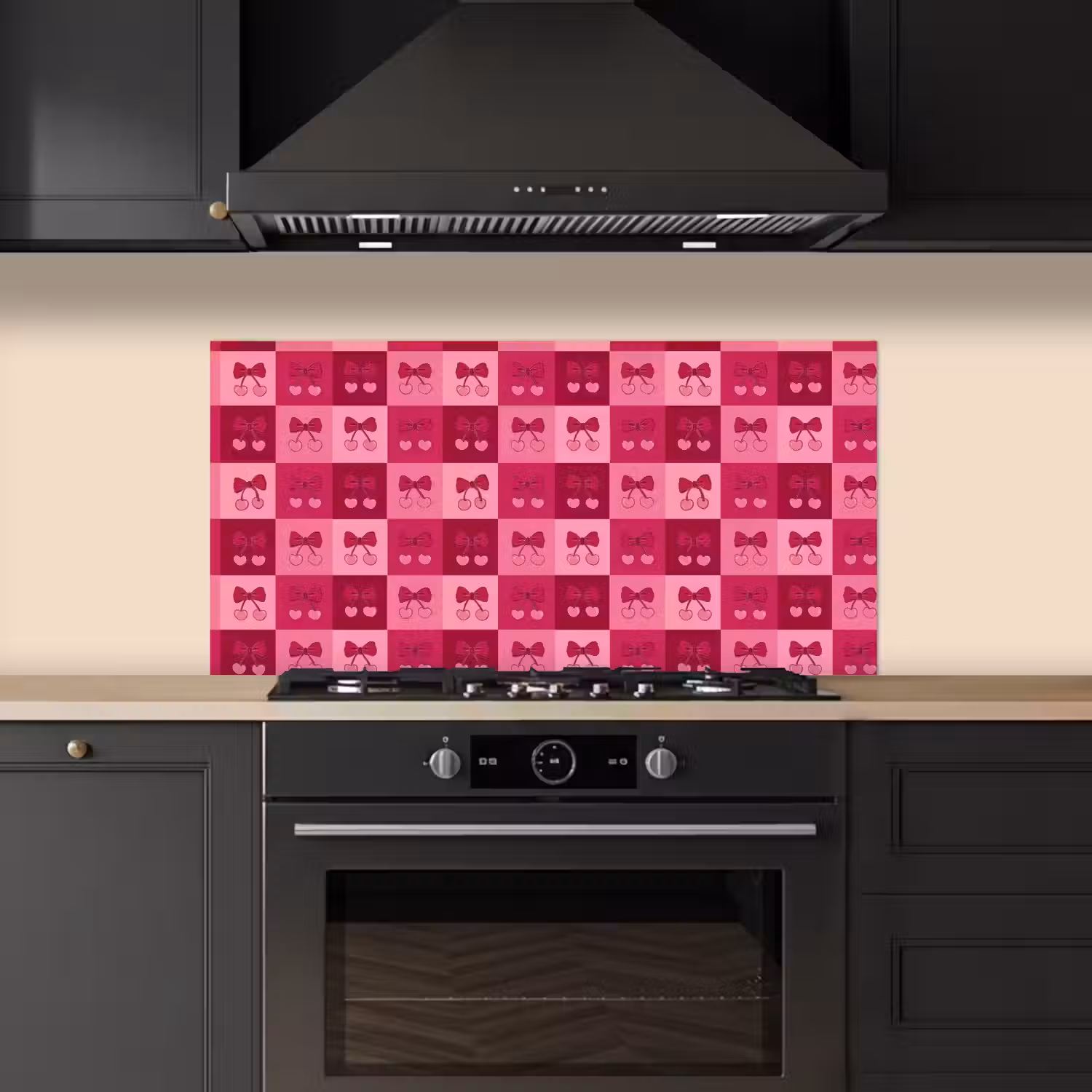 Kersen - Strikjes - Speels - Roze - Bordeaux keuken achterwand spatscherm middel 899 -sfeer1