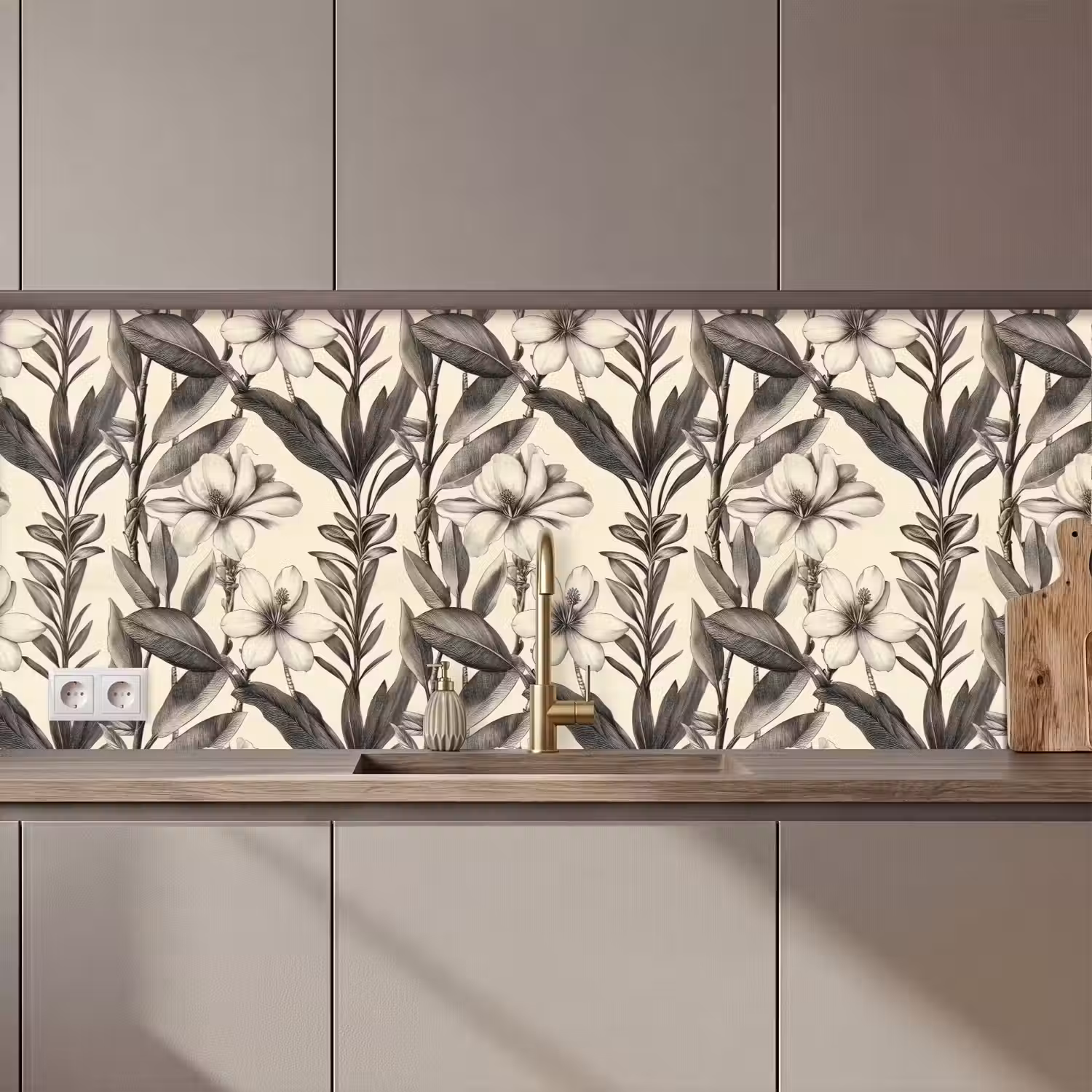 Klassiek - Botanisch - Zwart - Beige keuken achterwand 2 middel 871 zz_3dshopping