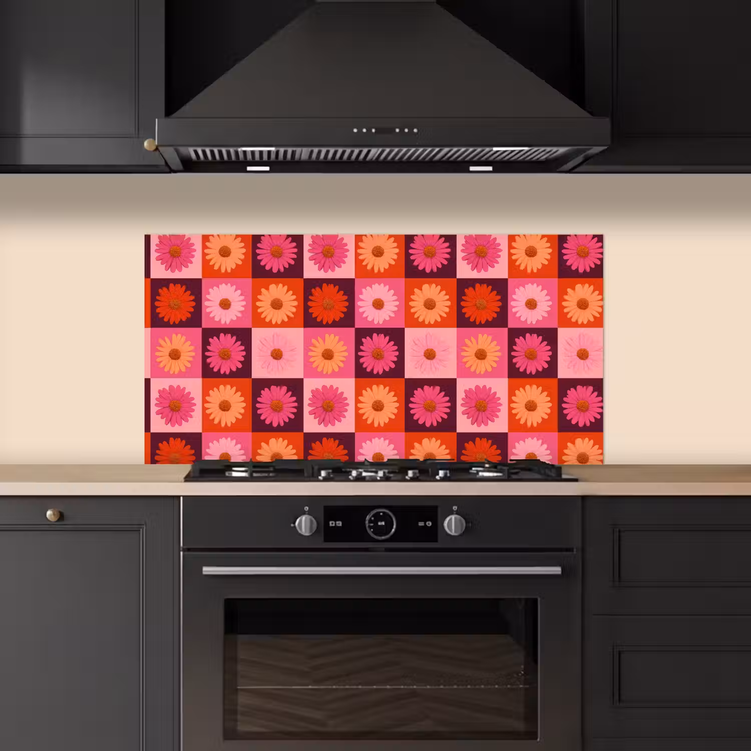 Madeliefjes - Dambord - Retro - Roze - Oranje keuken achterwand spatscherm middel 899 -sfeer1