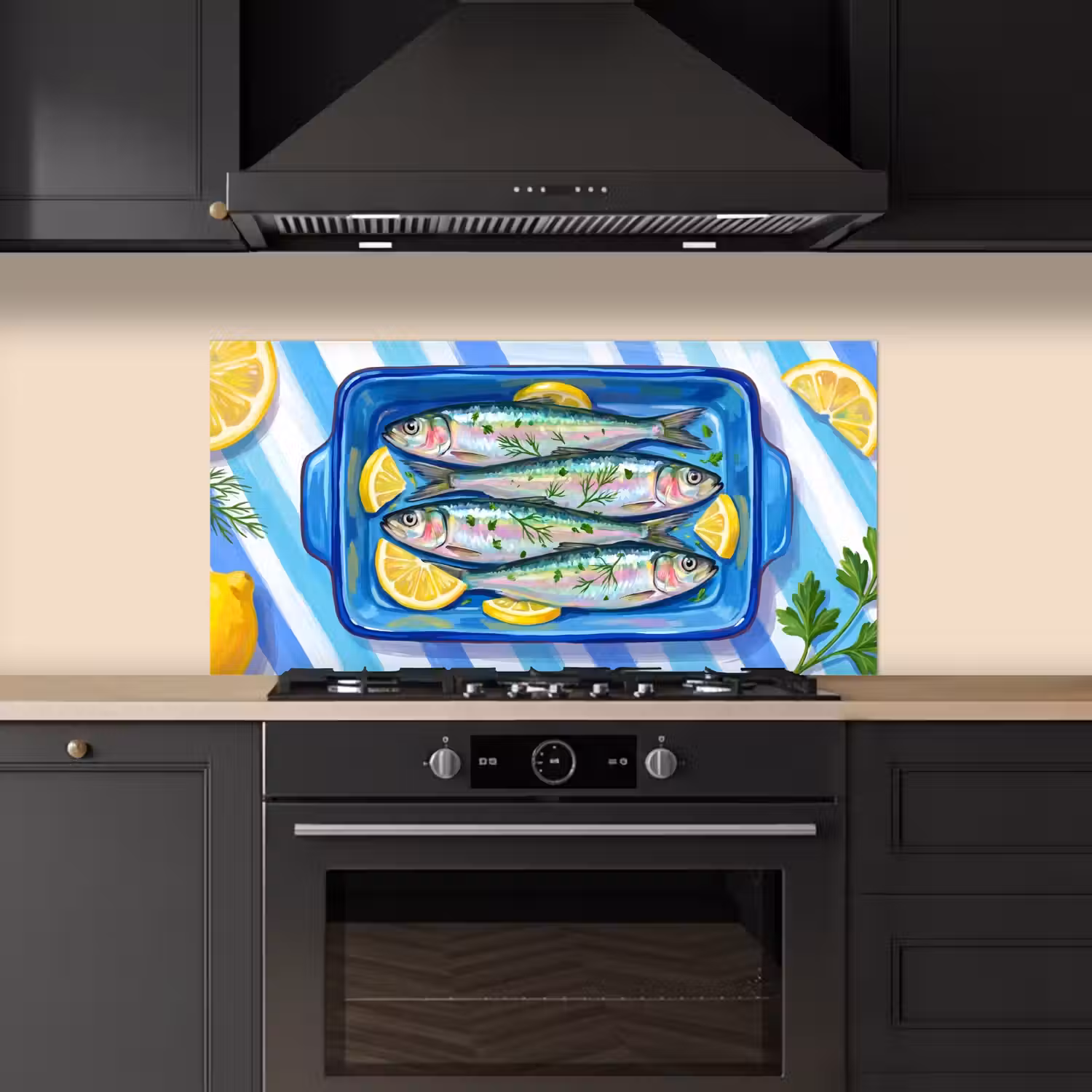 Vis - Citroen - Kruiden - Eten - Blauw keuken achterwand spatscherm middel -sfeer1