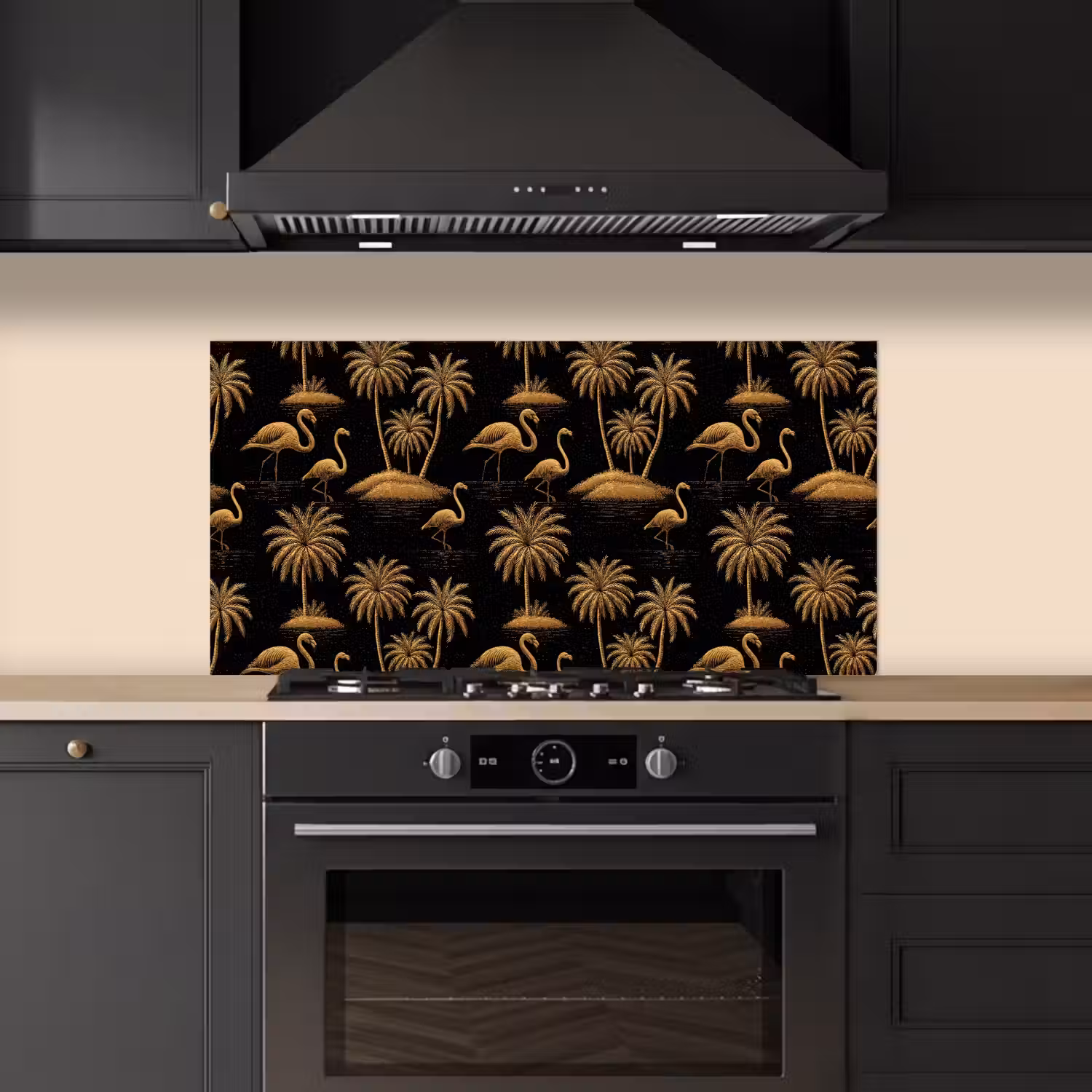 Flamingo - Palmbomen - Tropisch - Goud - Zwart keuken achterwand spatscherm middel 899 -sfeer1