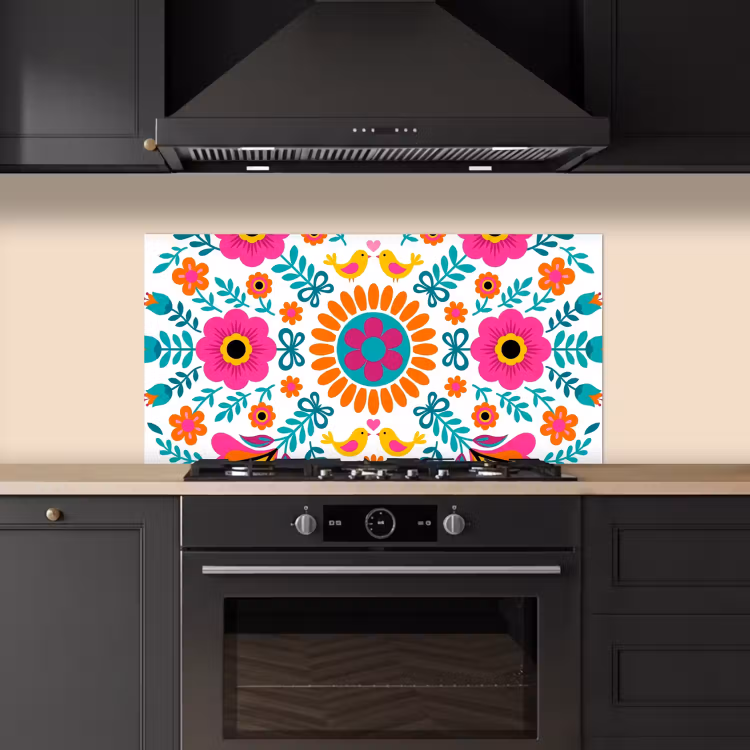 Bloemen - Vogel - Patroon - Kleurrijk - Modern keuken achterwand spatscherm middel -sfeer1