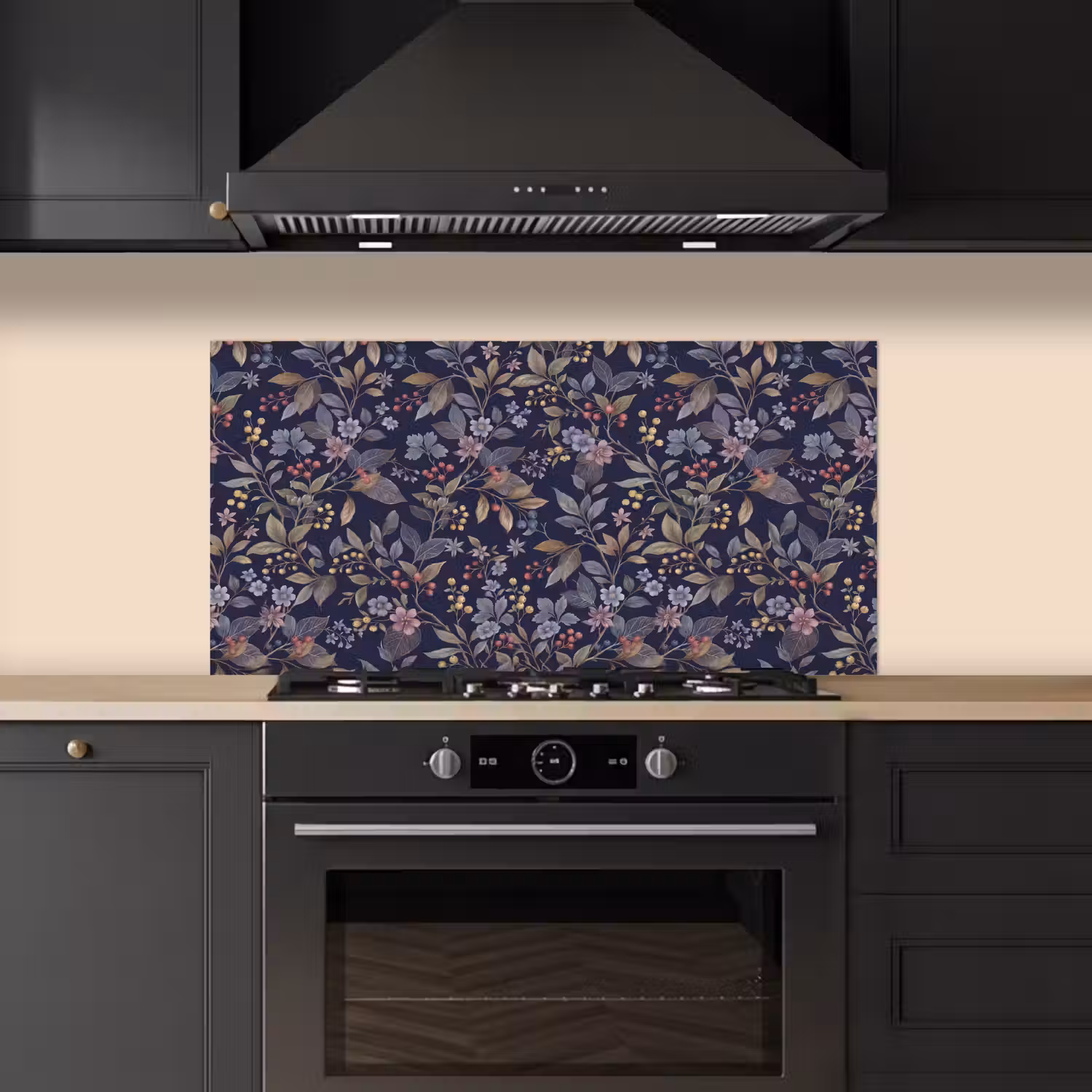 Bloemen - Bladeren - Patroon - Botanisch - Donkerblauw keuken achterwand spatscherm middel -sfeer1