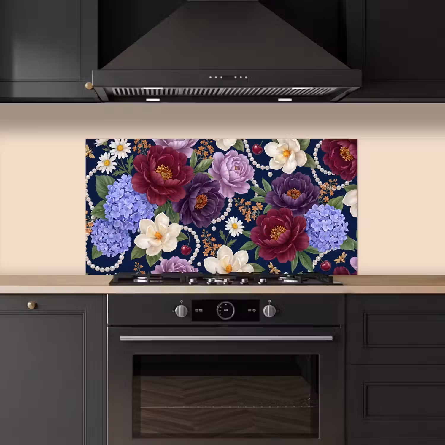 Bloemen - Parels - Decoratie - Modern - Blauw keuken achterwand spatscherm middel -sfeer1