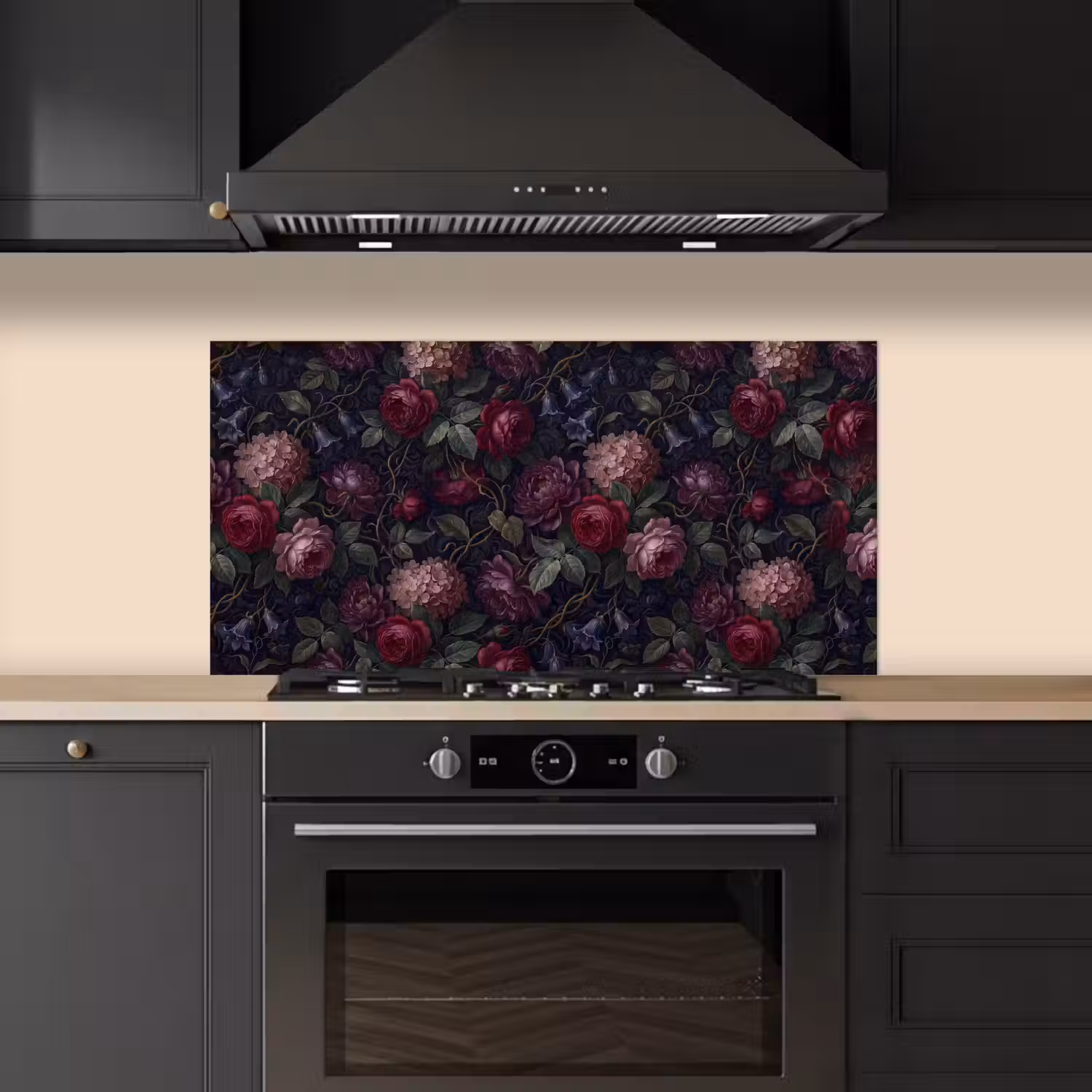 Bloemen - Rood - Klassiek - Donker - Patroon keuken achterwand spatscherm middel -sfeer1