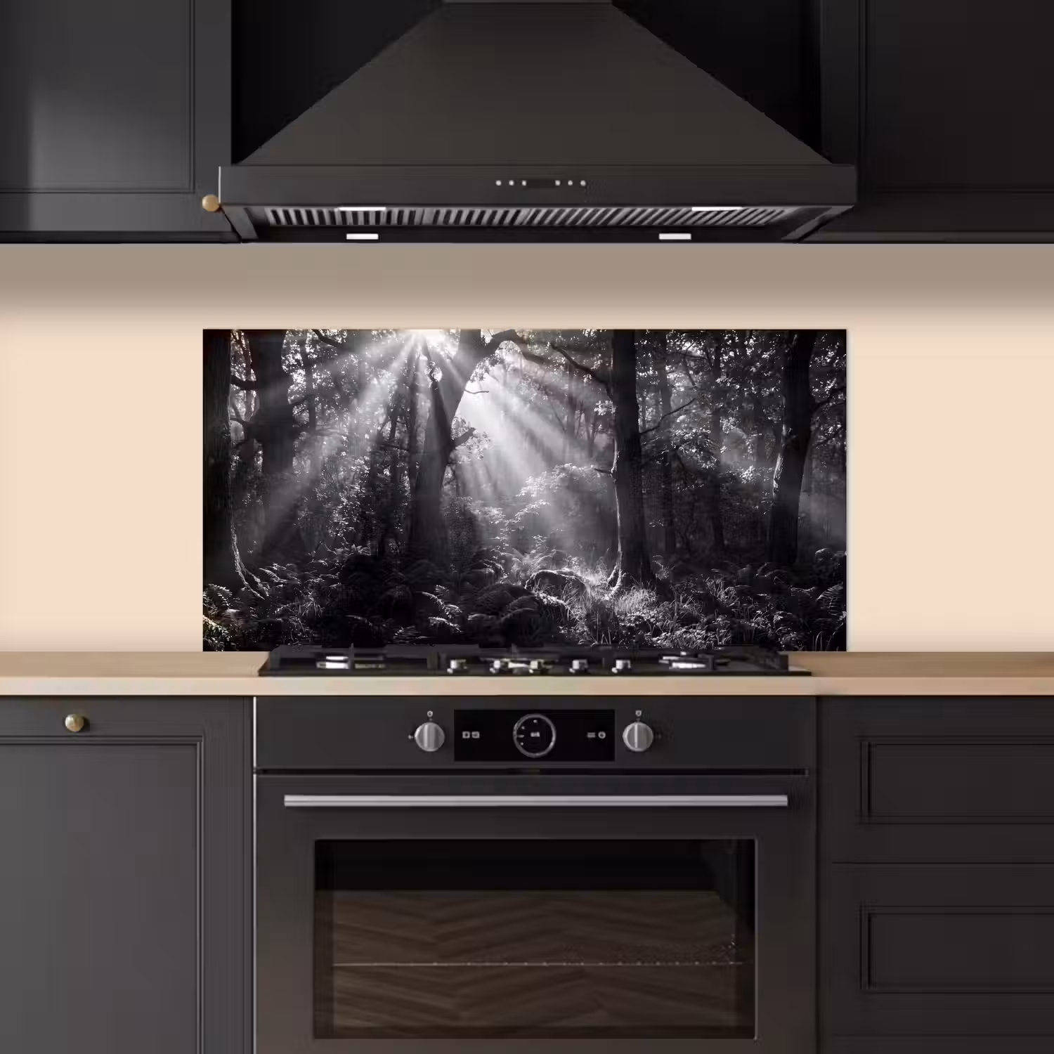 Bos - Lichtstralen - Natuur - Zwart-wit keuken achterwand spatscherm middel -sfeer1