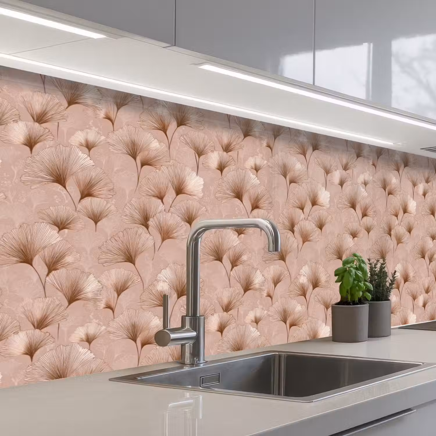 Ginkgo - Patroon - Roze keuken achterwand 2 groot 857 -3d_schuin