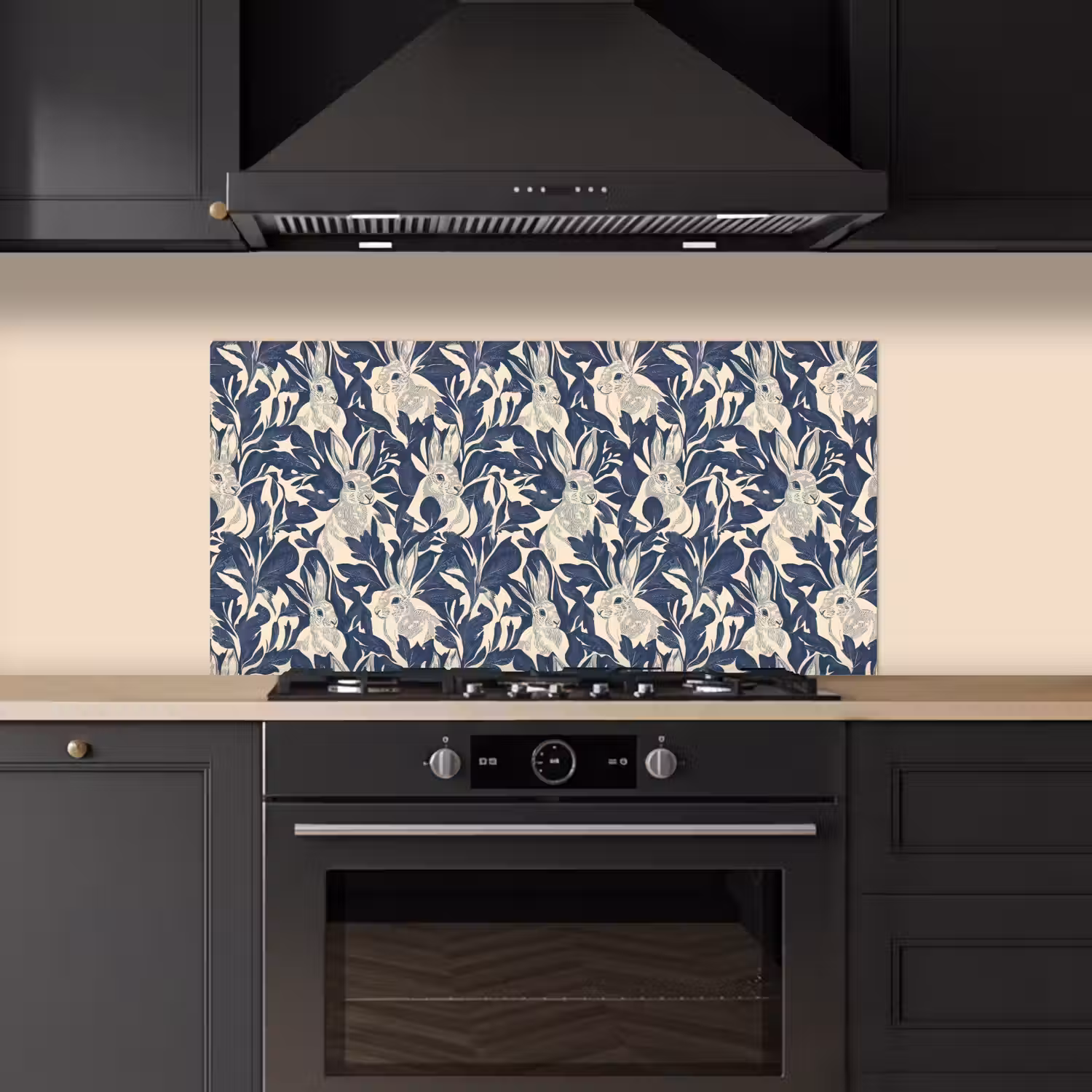 Hazen - Bladeren - Patroon - Blauw - Beige keuken achterwand spatscherm middel 899 -sfeer1