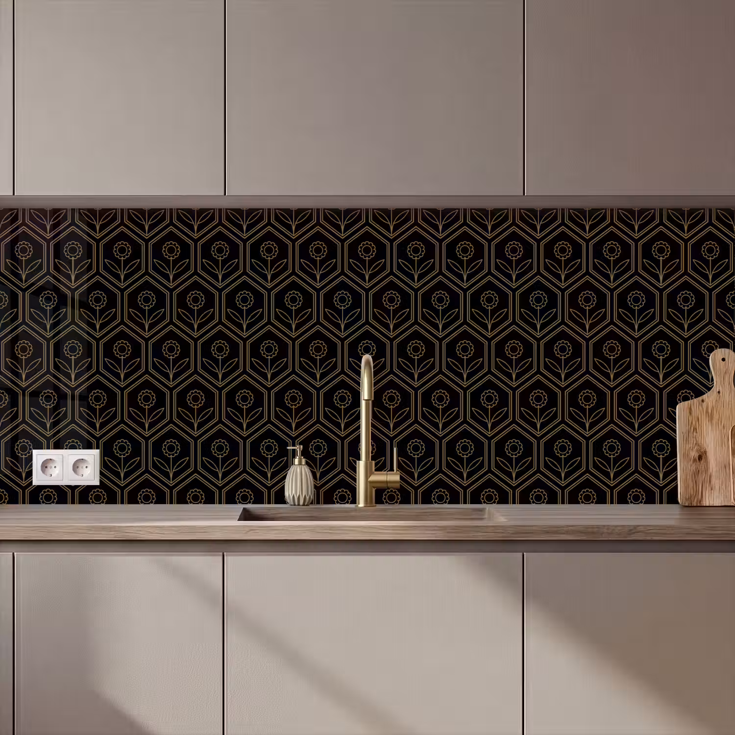 Zeshoek - Zwart - Goud - Bloem keuken achterwand 2 middel 871 zz_3dshopping