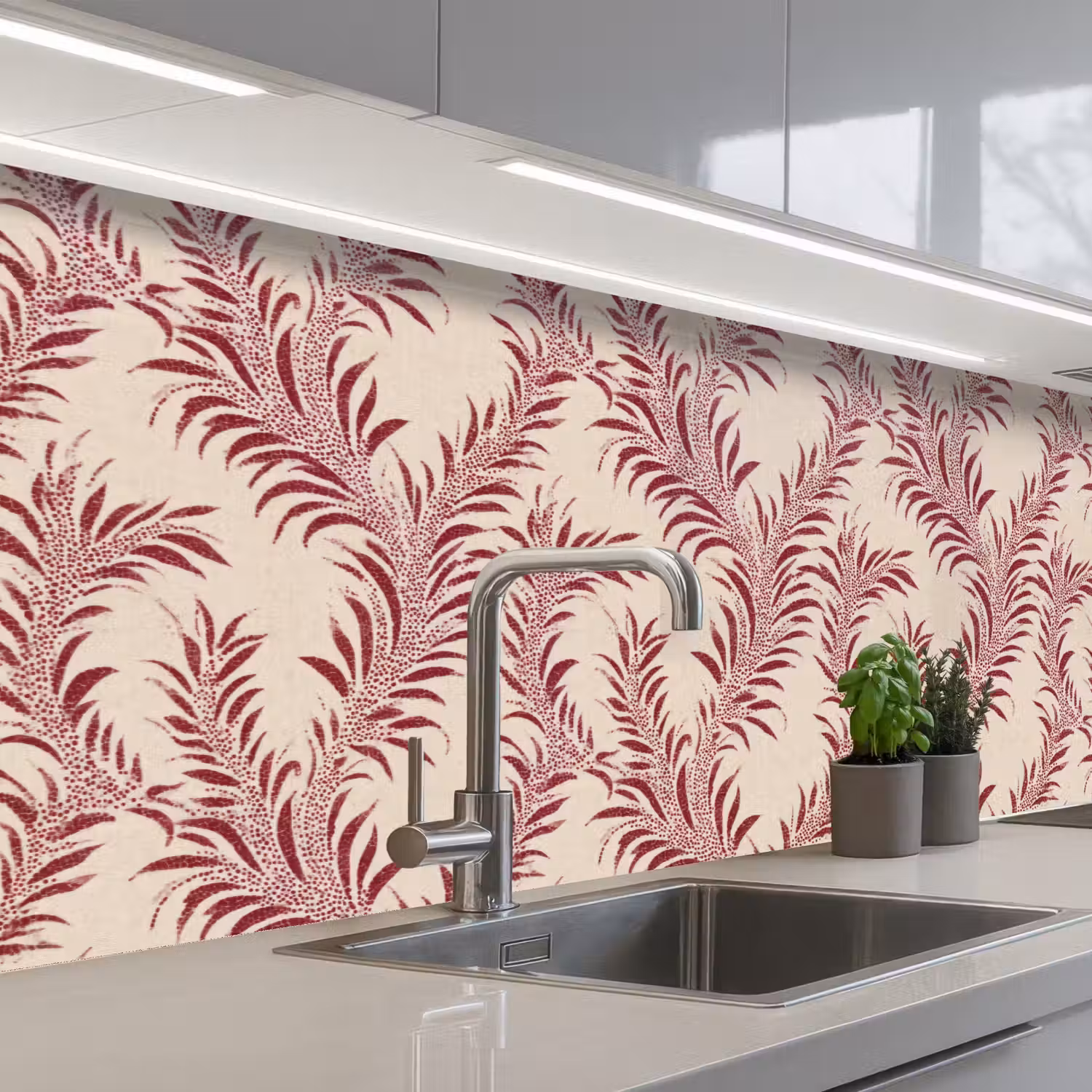 Bladeren - Linnen - Rood keuken achterwand 2 groot 857 -3d_schuin