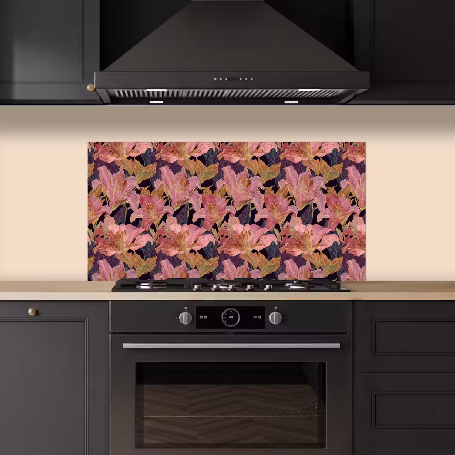 Lelies - Patroon - Roze - Goud keuken achterwand spatscherm middel 899 -sfeer1