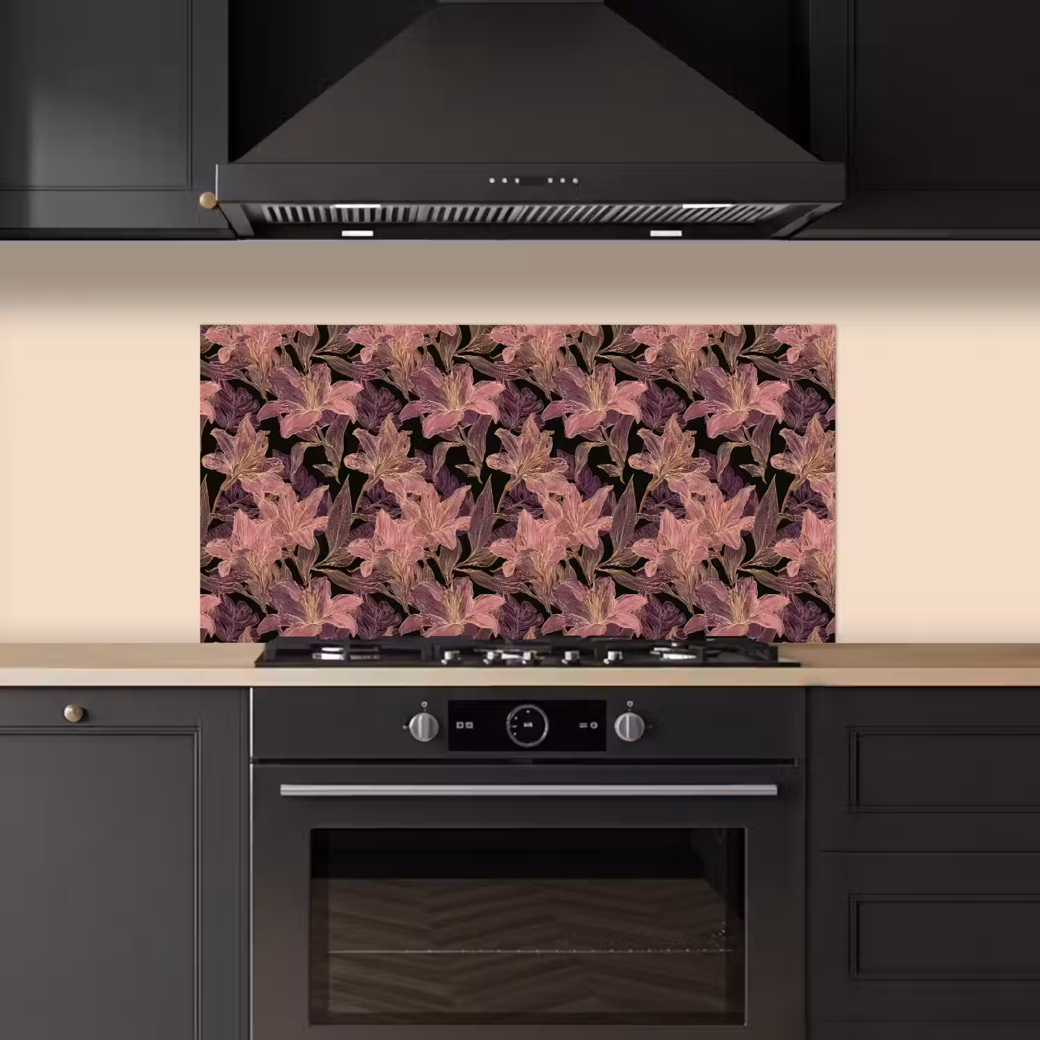 Lelies - Patroon - Paars - Goud keuken achterwand spatscherm middel 899 -sfeer1