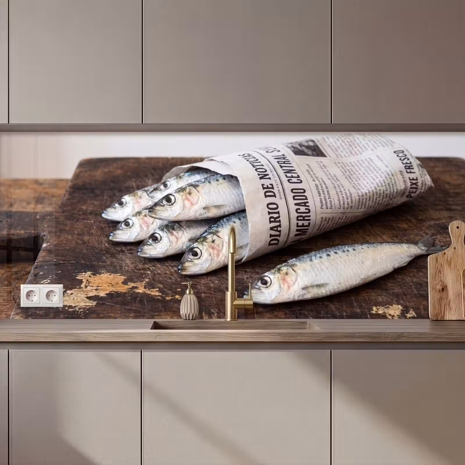 Kitchen Wall Splashback - Little Sardine - newspaper - cutting board - Sardientje - krant - snijplank keuken achterwand 2 middel zz_3dshopping