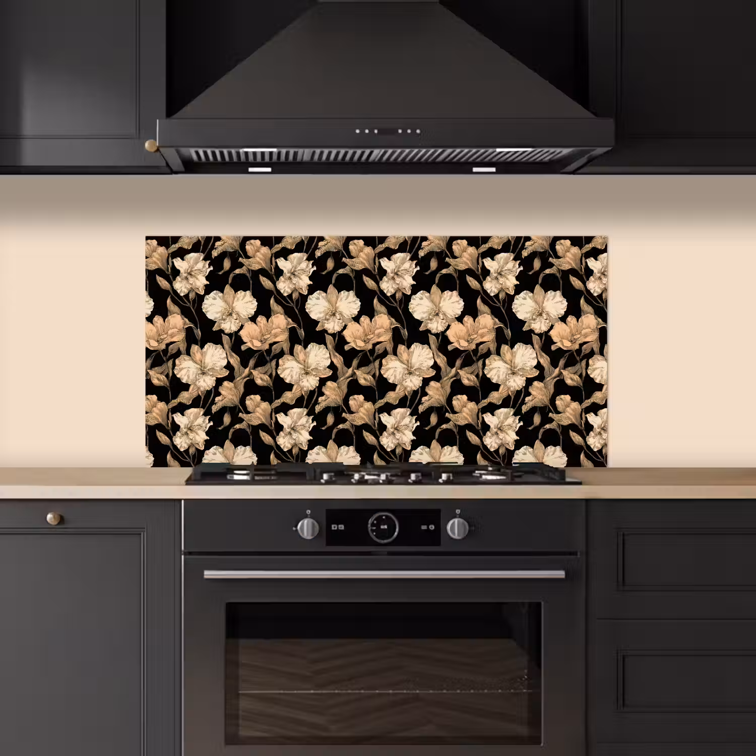Orchideeën - Lijntekening - Patroon - Beige - Zwart keuken achterwand spatscherm middel 899 -sfeer1