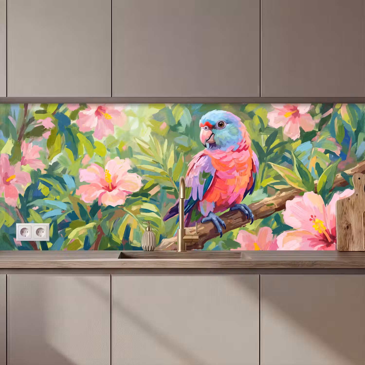 Papagaai - Hibiscusbloemen - Kleurrijk keuken achterwand 2 middel zz_3dshopping